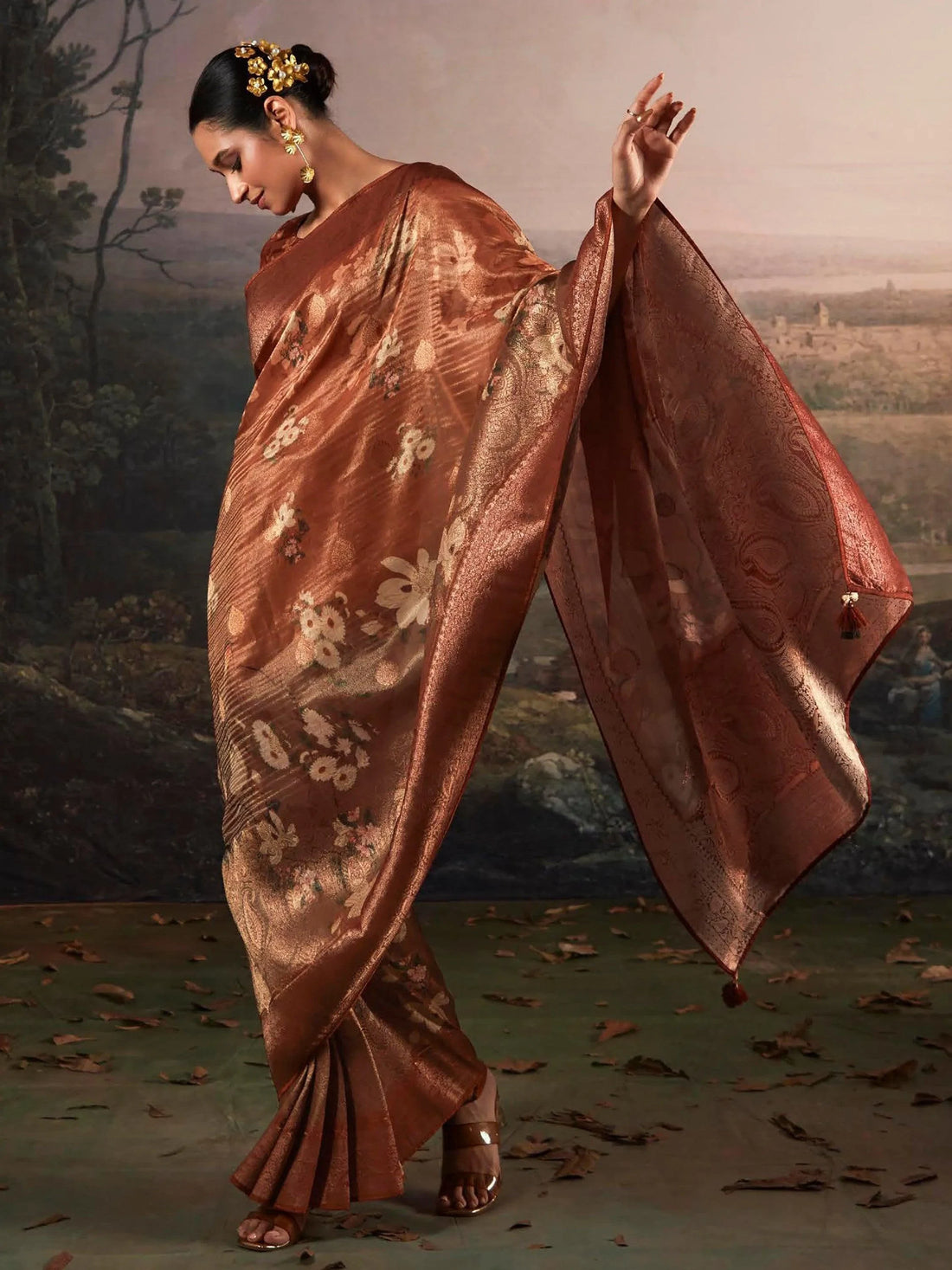 Alluring Brown Floral Printed Silk Events Wear Saree With Blouse