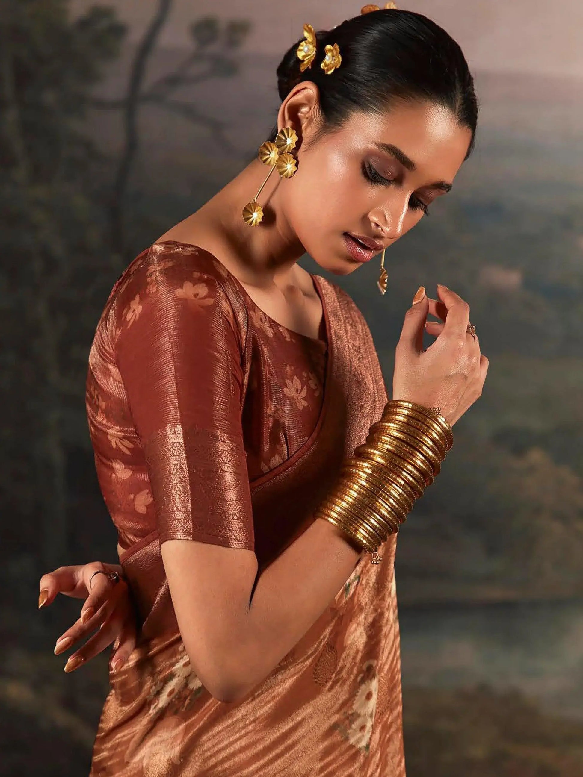 Alluring Brown Floral Printed Silk Events Wear Saree With Blouse - Zeel Clothing