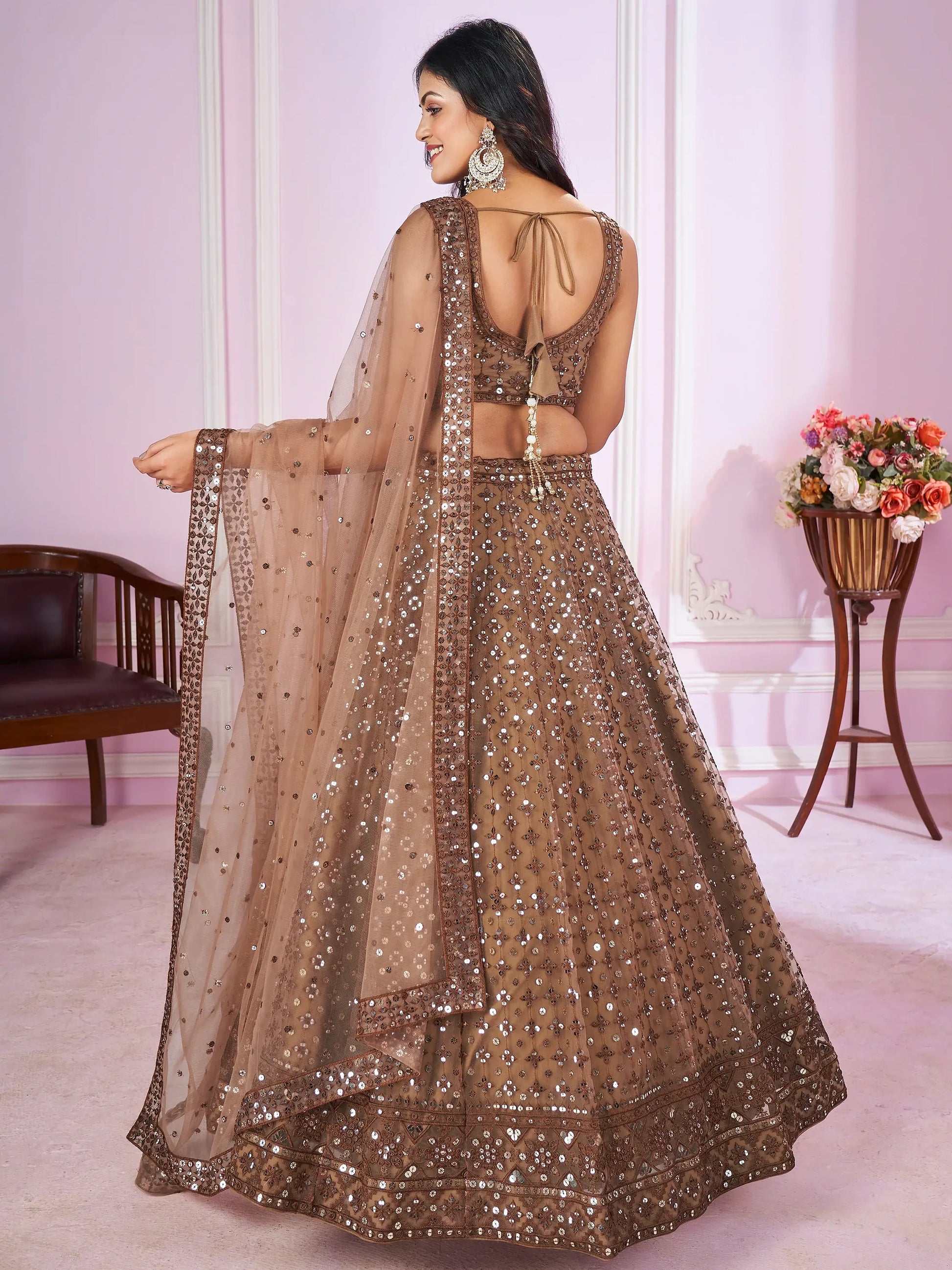 Alluring Brown Sequins Net Bridesmaid Lehenga Choli With Dupatta - Zeel Clothing