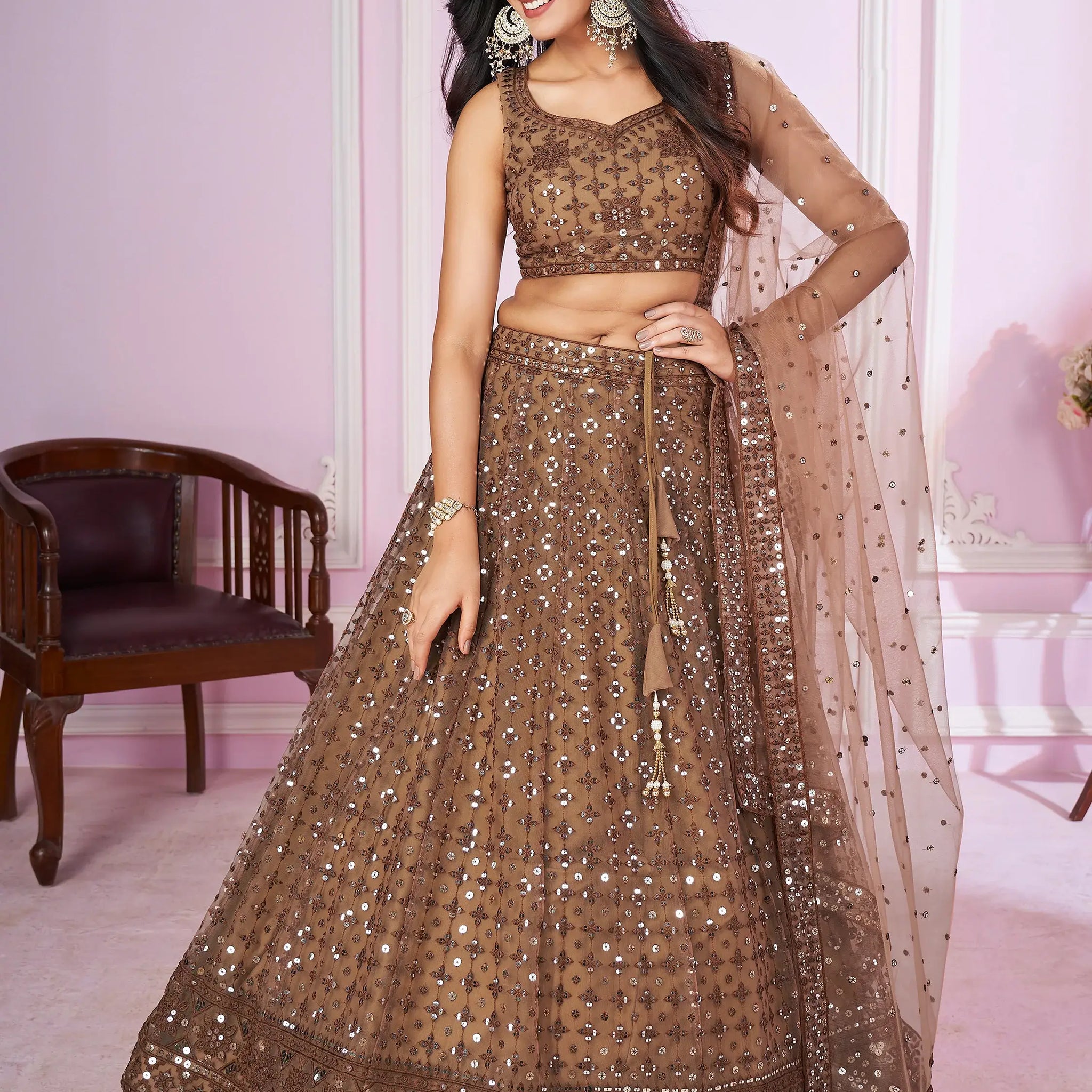 Alluring Brown Sequins Net Bridesmaid Lehenga Choli With Dupatta - Zeel Clothing