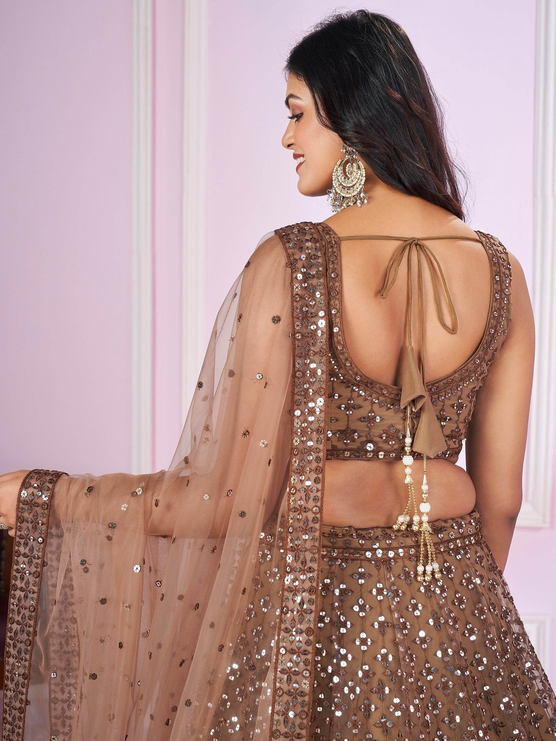 Alluring Brown Sequins Net Bridesmaid Lehenga Choli With Dupatta - Zeel Clothing