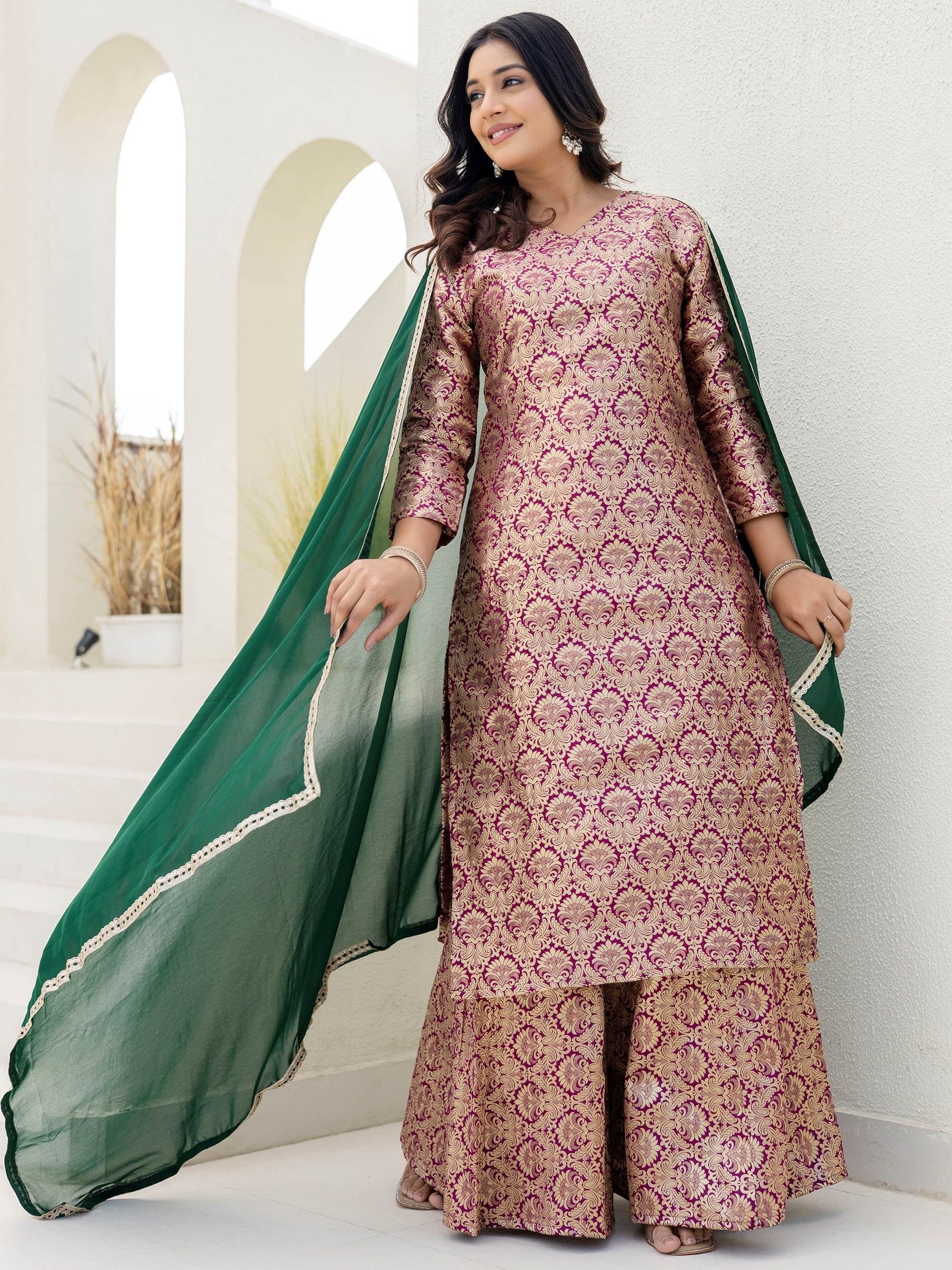 Alluring Brown Zari Weaving Jacquard Wedding Wear Sharara Suit