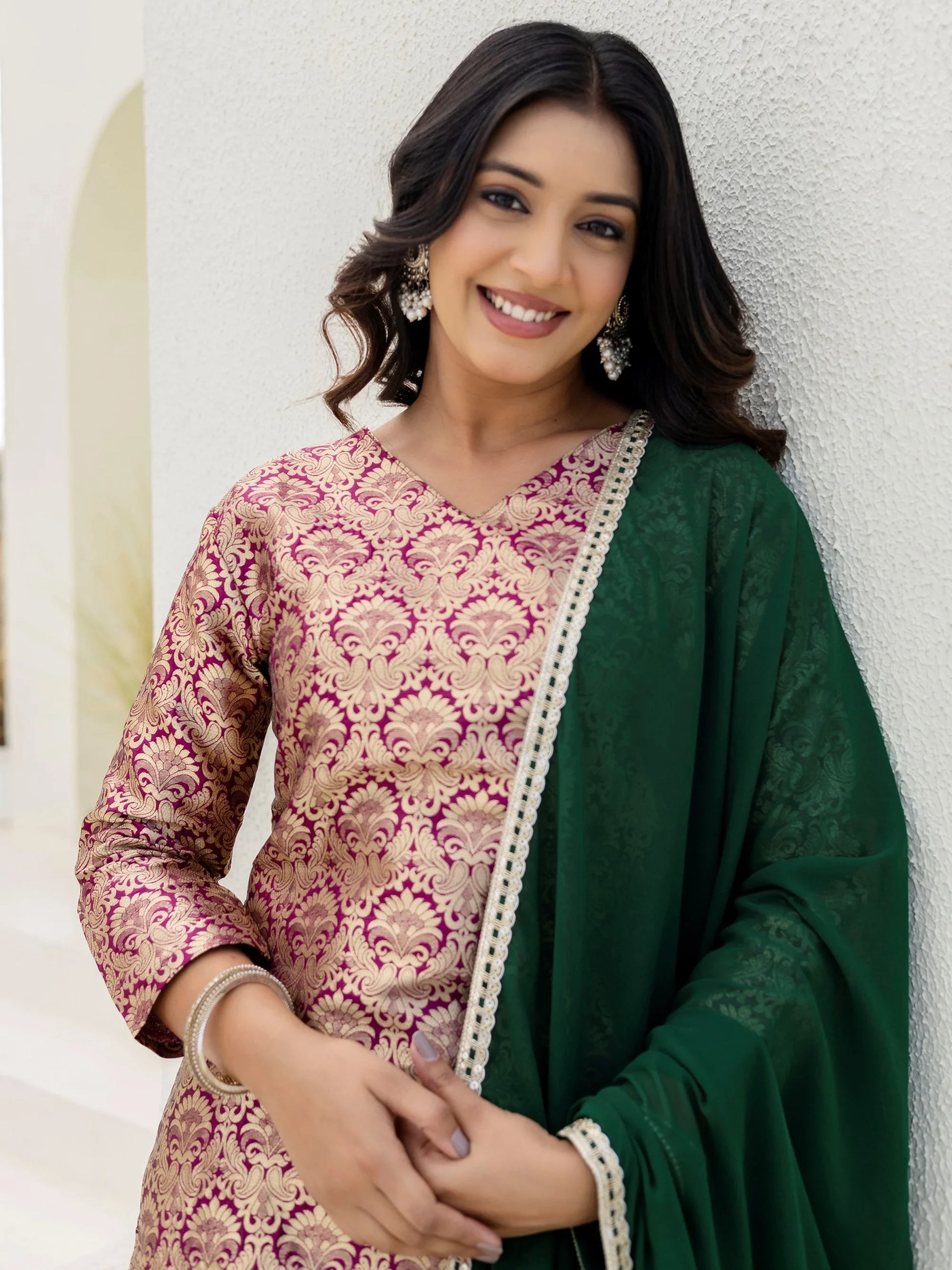 Alluring Brown Zari Weaving Jacquard Wedding Wear Sharara Suit