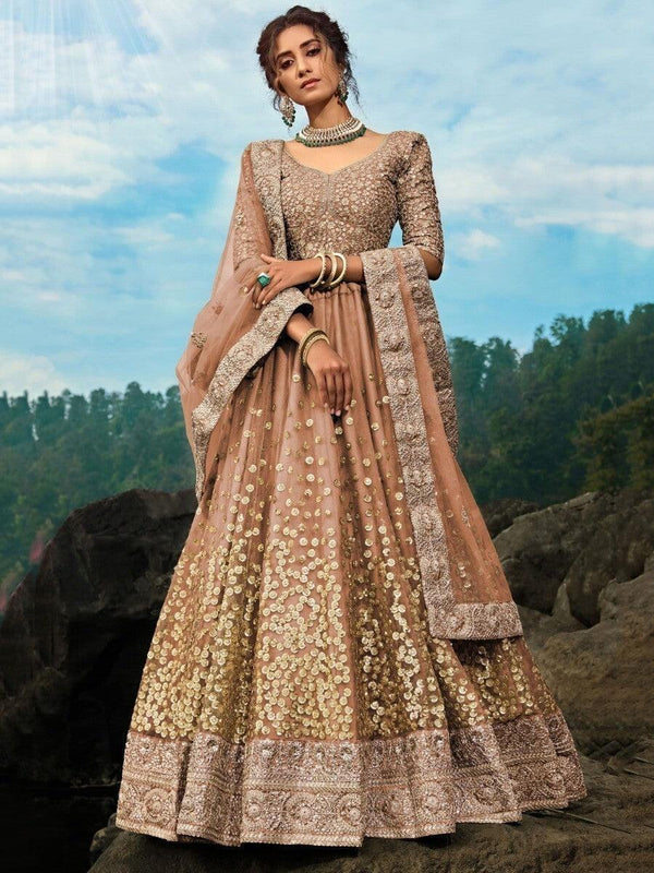Alluring Brown Zari Worked Net Engagement Wear Lehenga Choli