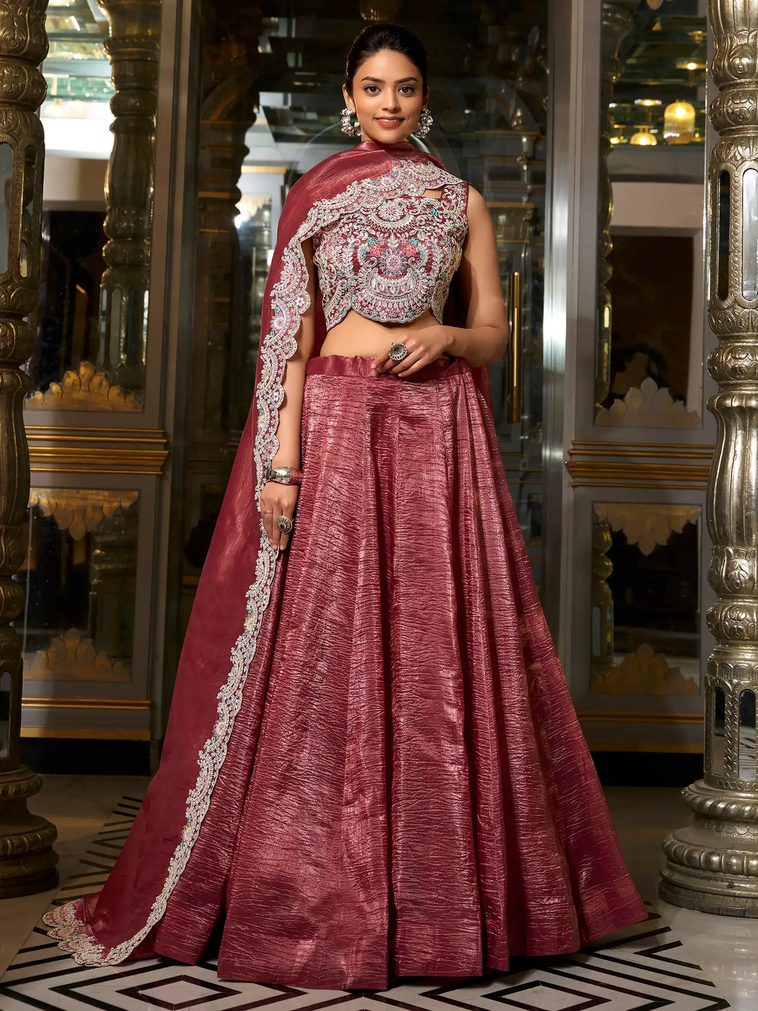 Alluring Burgundy Sequins Work Organza Crush Lehenga Choli With Dupatta - Zeel Clothing