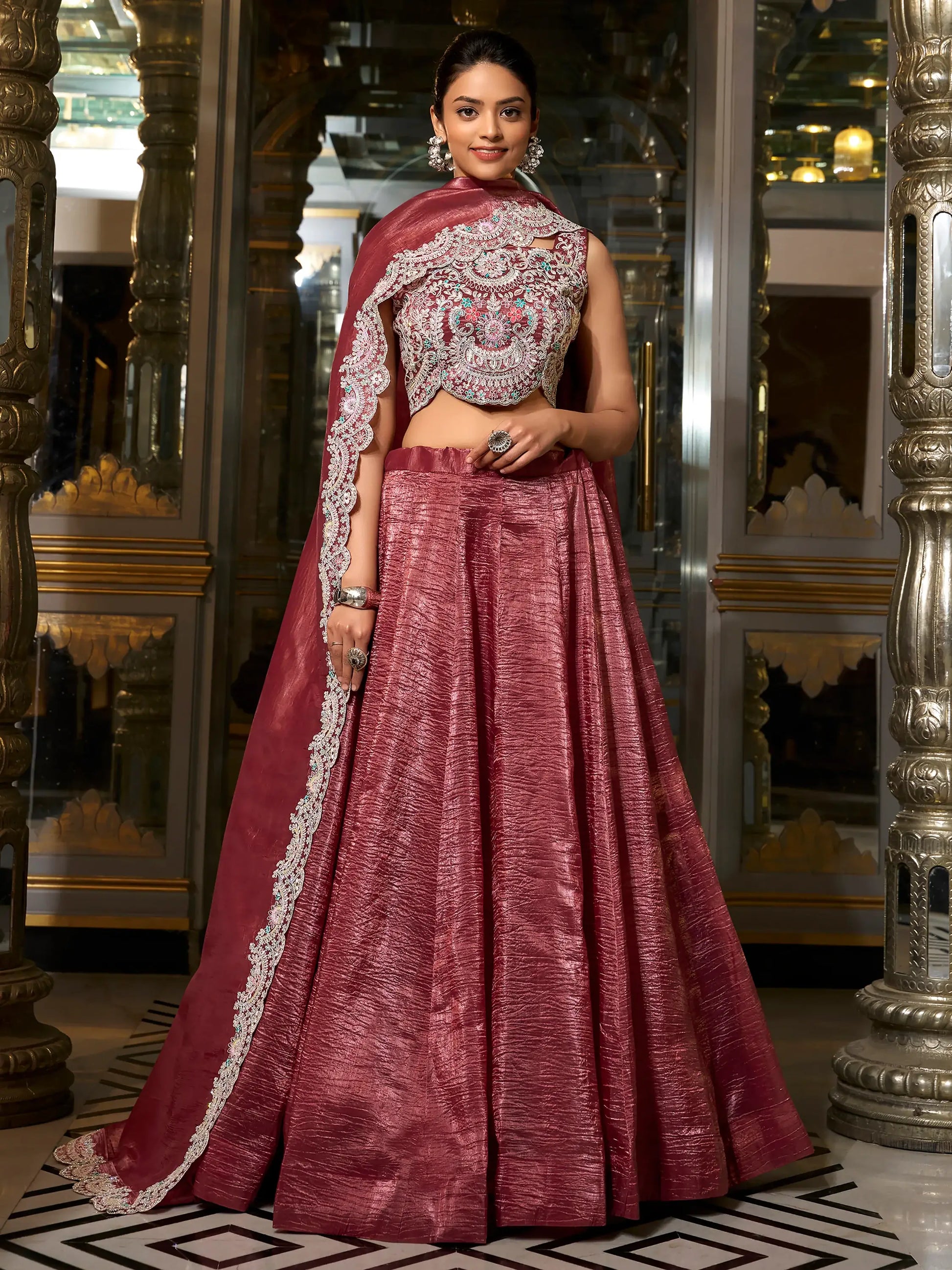 Alluring Burgundy Sequins Work Organza Crush Lehenga Choli With Dupatta - Zeel Clothing