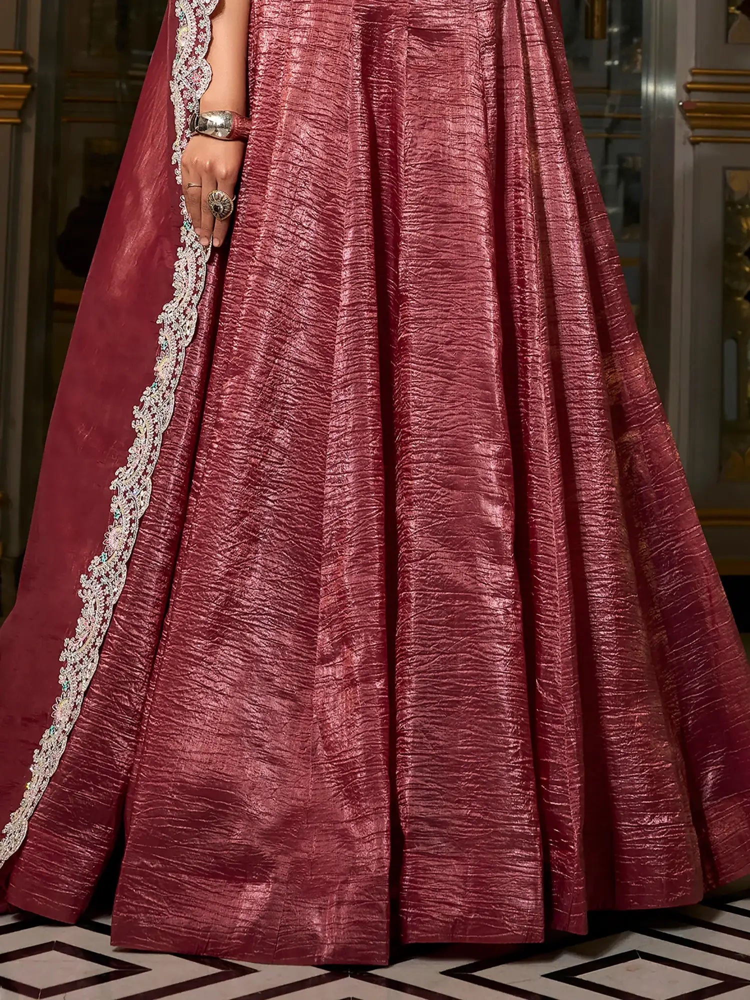 Alluring Burgundy Sequins Work Organza Crush Lehenga Choli With Dupatta - Zeel Clothing