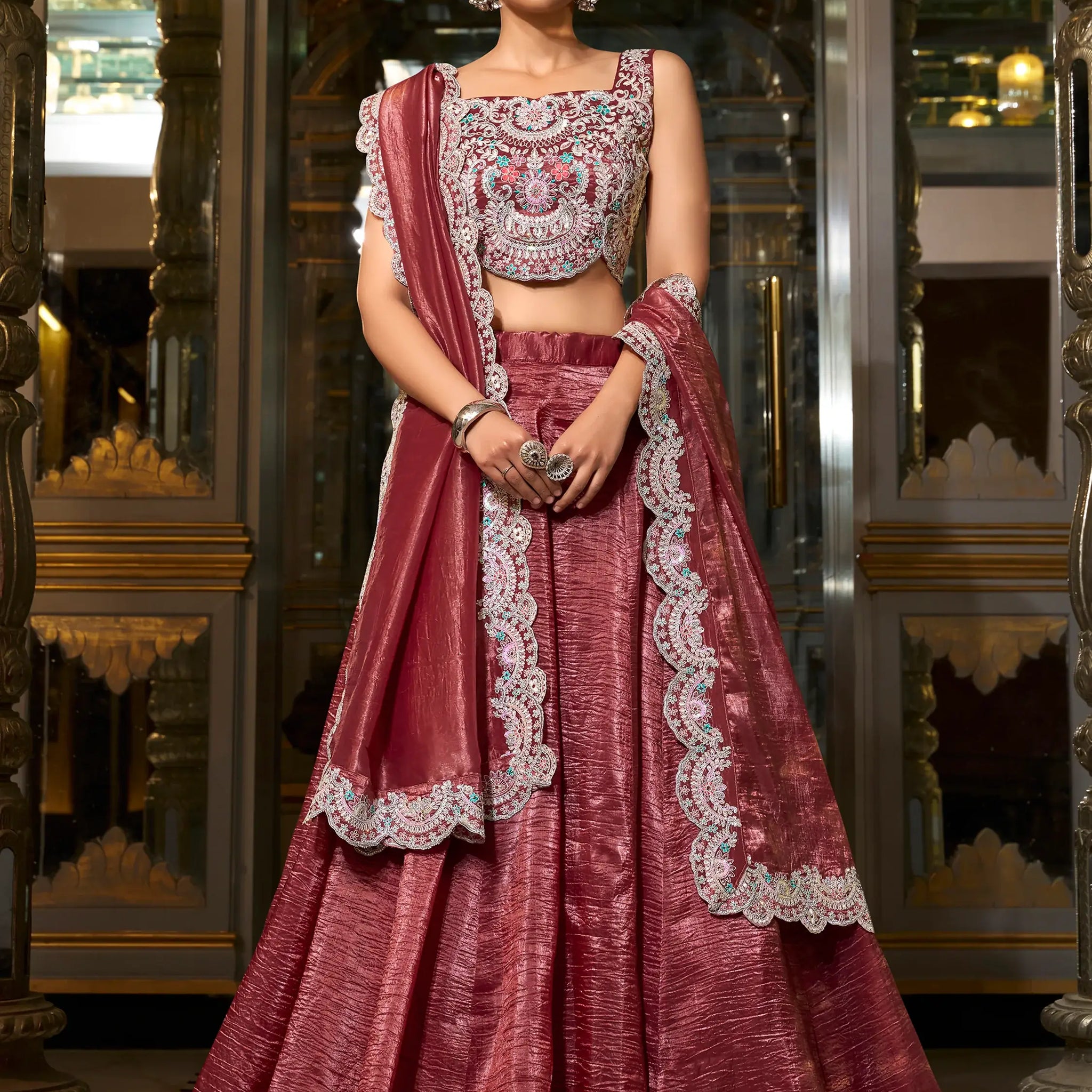 Alluring Burgundy Sequins Work Organza Crush Lehenga Choli With Dupatta - Zeel Clothing
