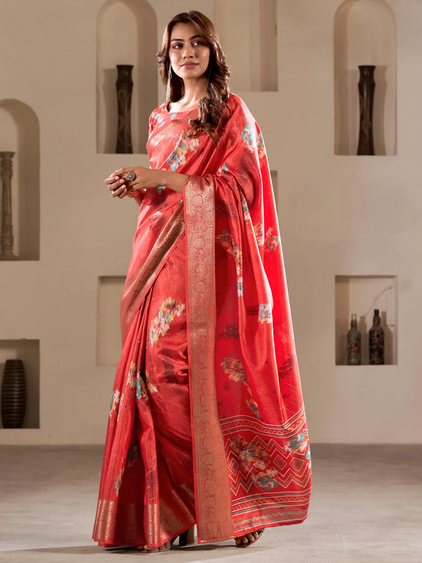 Alluring Coral Red Printed Silk Event Wear Saree With Blouse - Zeel Clothing