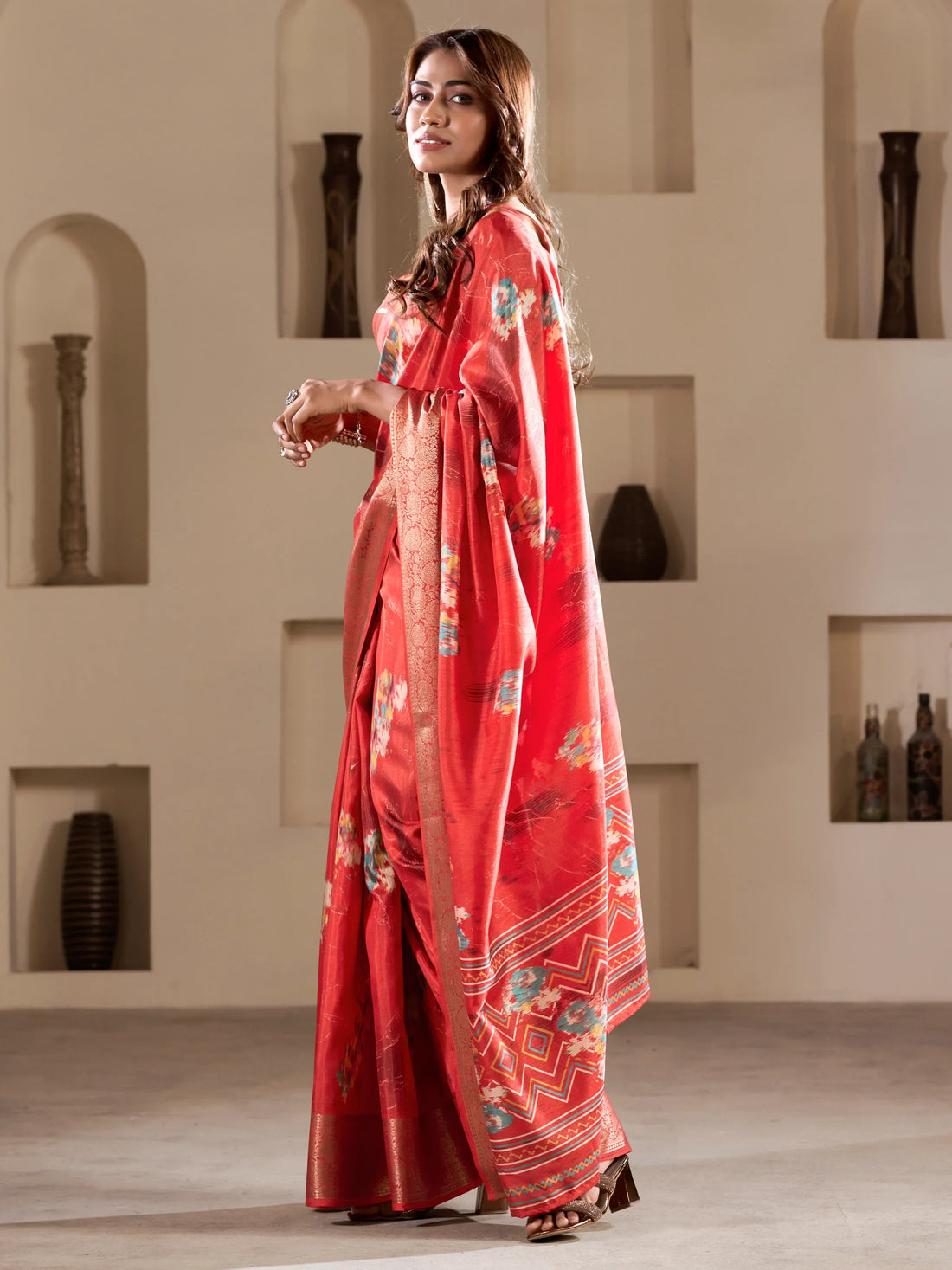 Alluring Coral Red Printed Silk Event Wear Saree With Blouse - Zeel Clothing