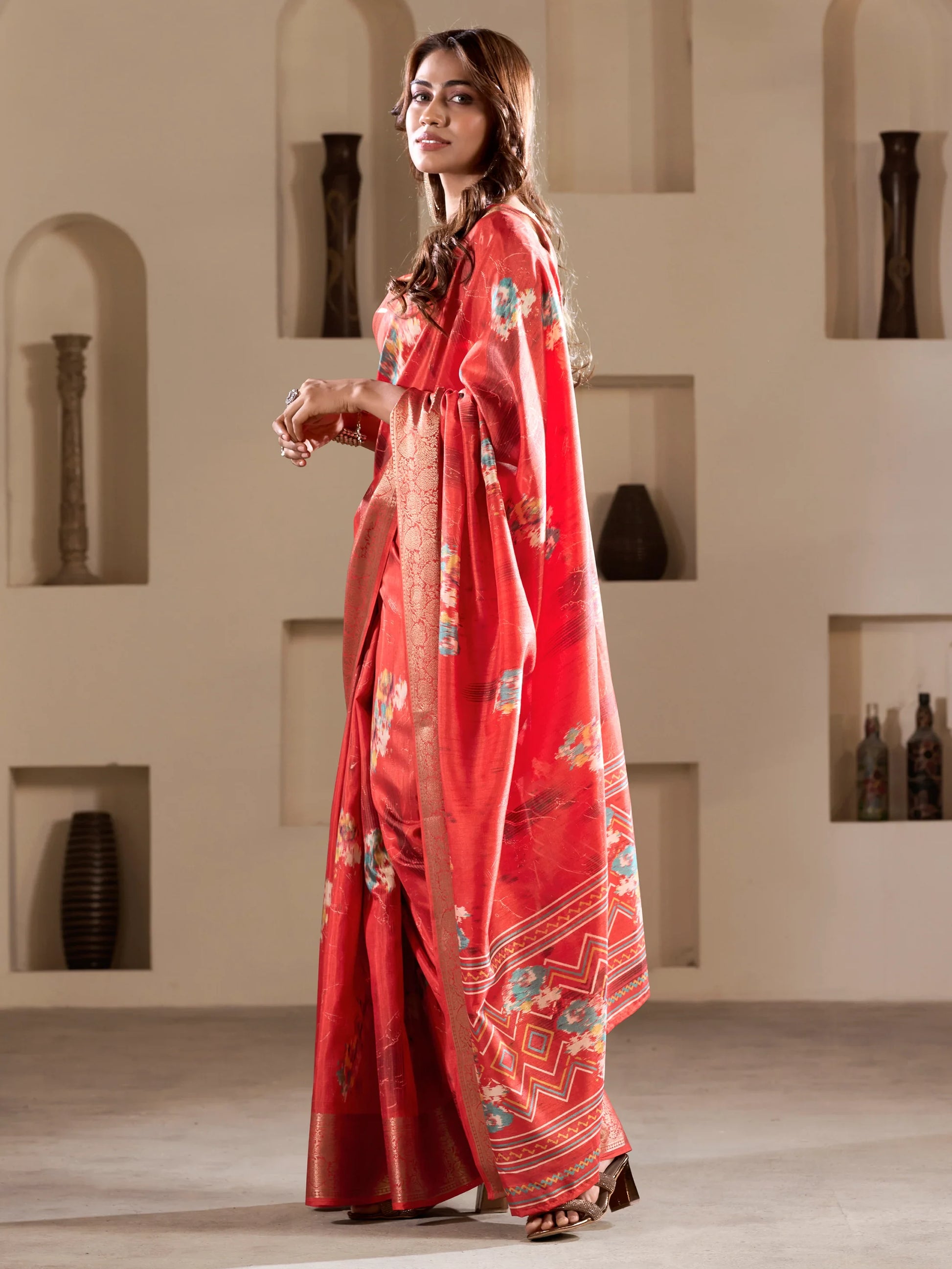 Alluring Coral Red Printed Silk Event Wear Saree With Blouse - Zeel Clothing