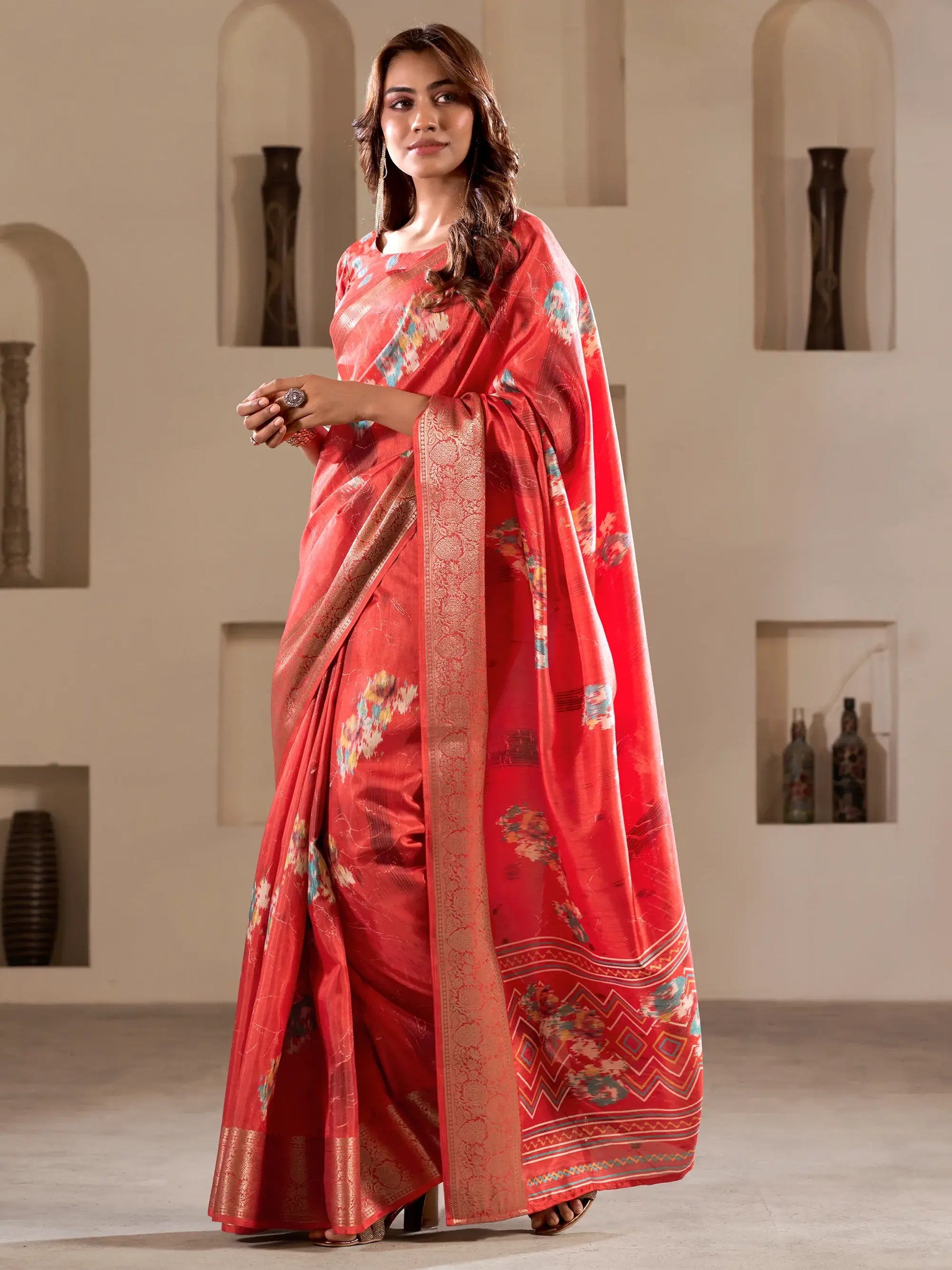 Alluring Coral Red Printed Silk Event Wear Saree With Blouse - Zeel Clothing