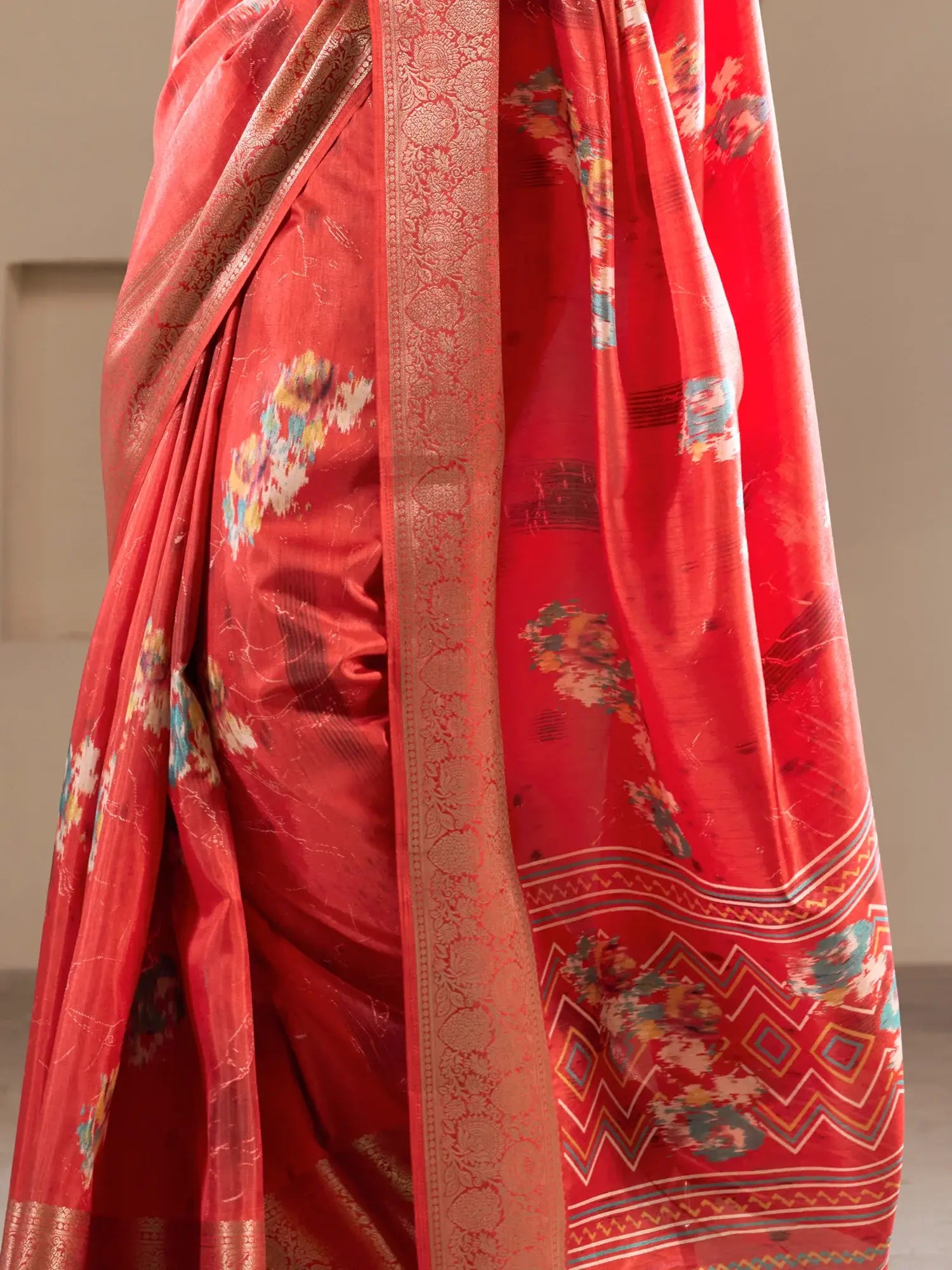 Alluring Coral Red Printed Silk Event Wear Saree With Blouse - Zeel Clothing