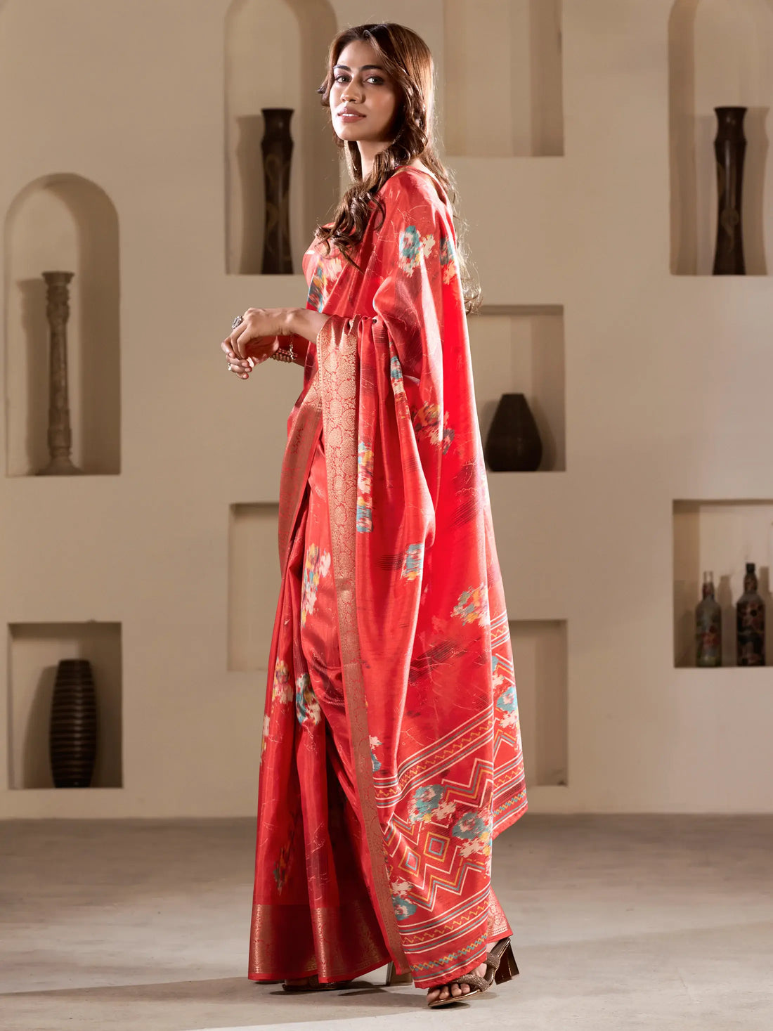 Alluring Coral Red Printed Silk Event Wear Saree With Blouse - Zeel Clothing