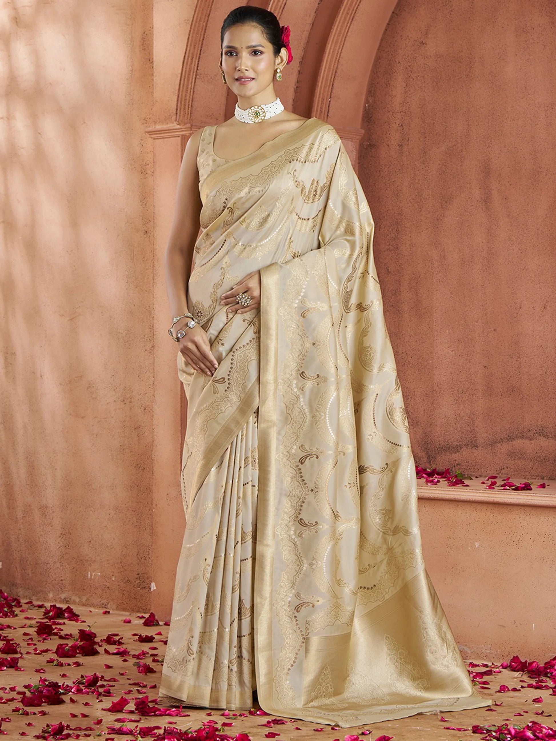 Alluring Cream Zari Weaving Banarasi Silk Event Wear Saree - Zeel Clothing