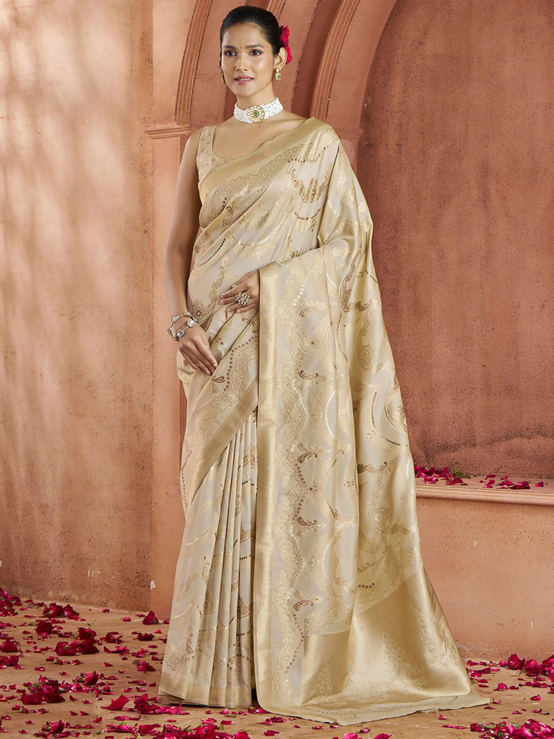 Alluring Cream Zari Weaving Banarasi Silk Event Wear Saree - Zeel Clothing
