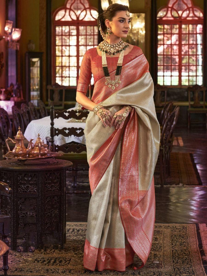 Alluring Cream Zari Woven Kanjivaram Silk Wedding Wear Saree