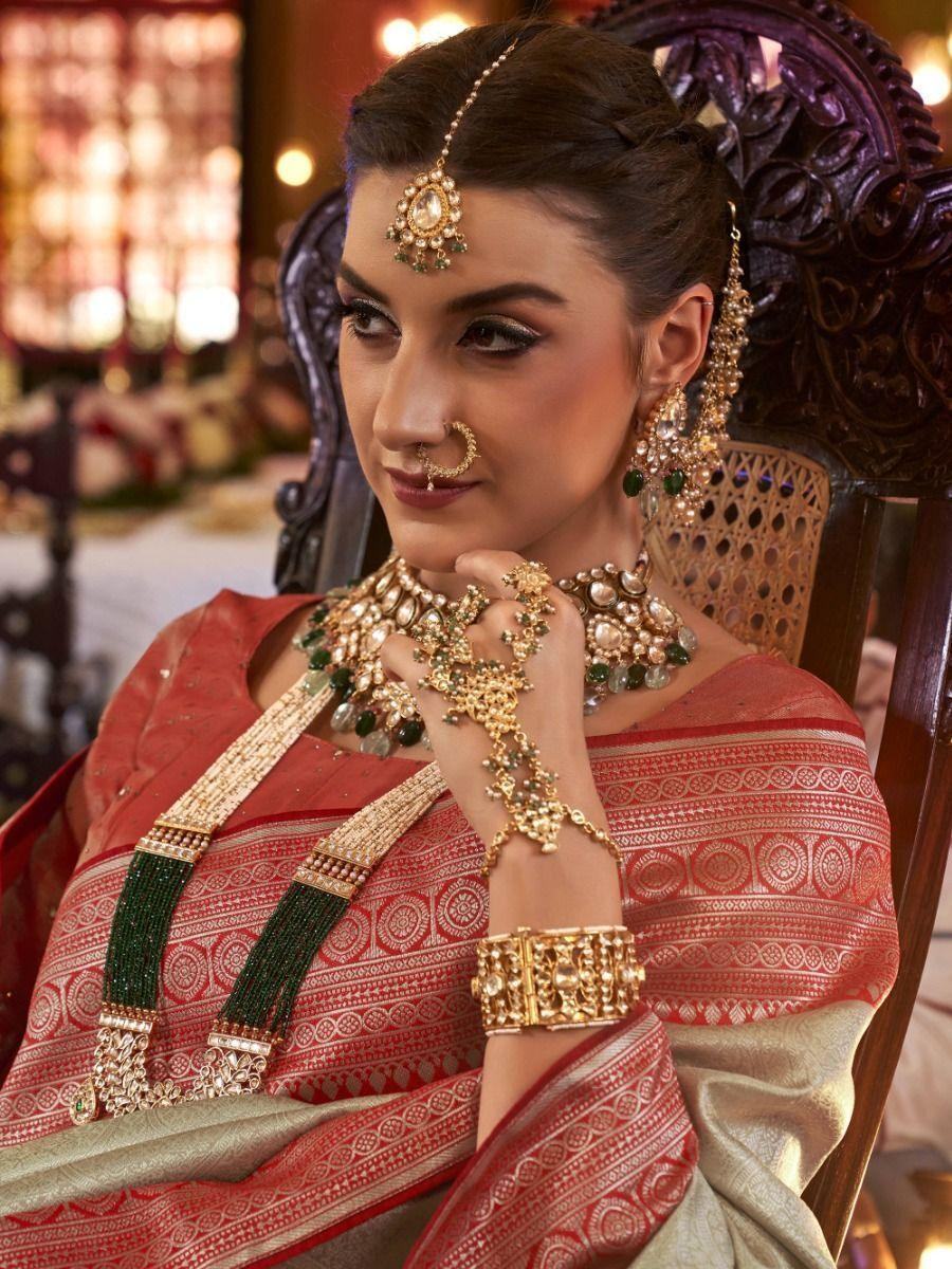 Alluring Cream Zari Woven Kanjivaram Silk Wedding Wear Saree