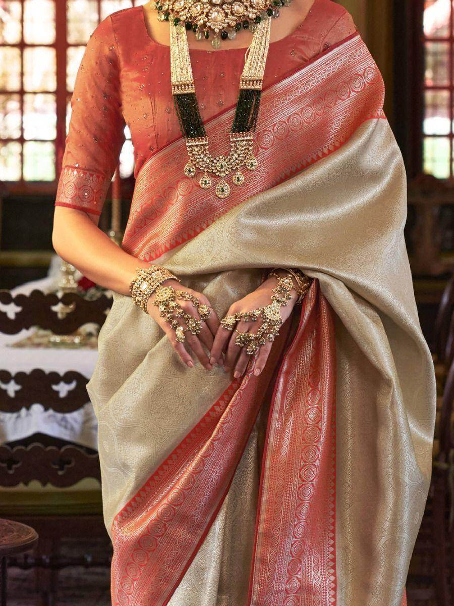 Alluring Cream Zari Woven Kanjivaram Silk Wedding Wear Saree - Zeel Clothing