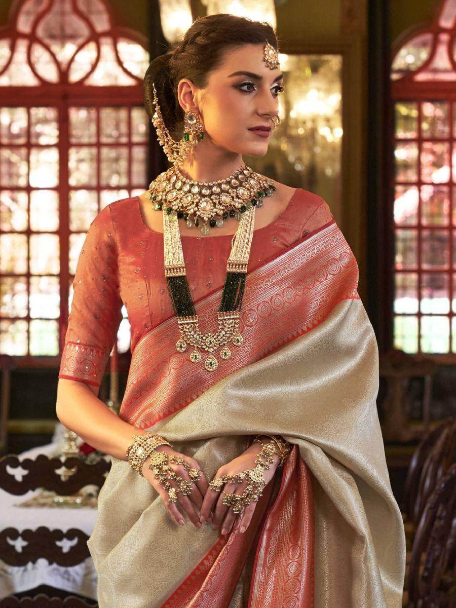 Alluring Cream Zari Woven Kanjivaram Silk Wedding Wear Saree - Zeel Clothing