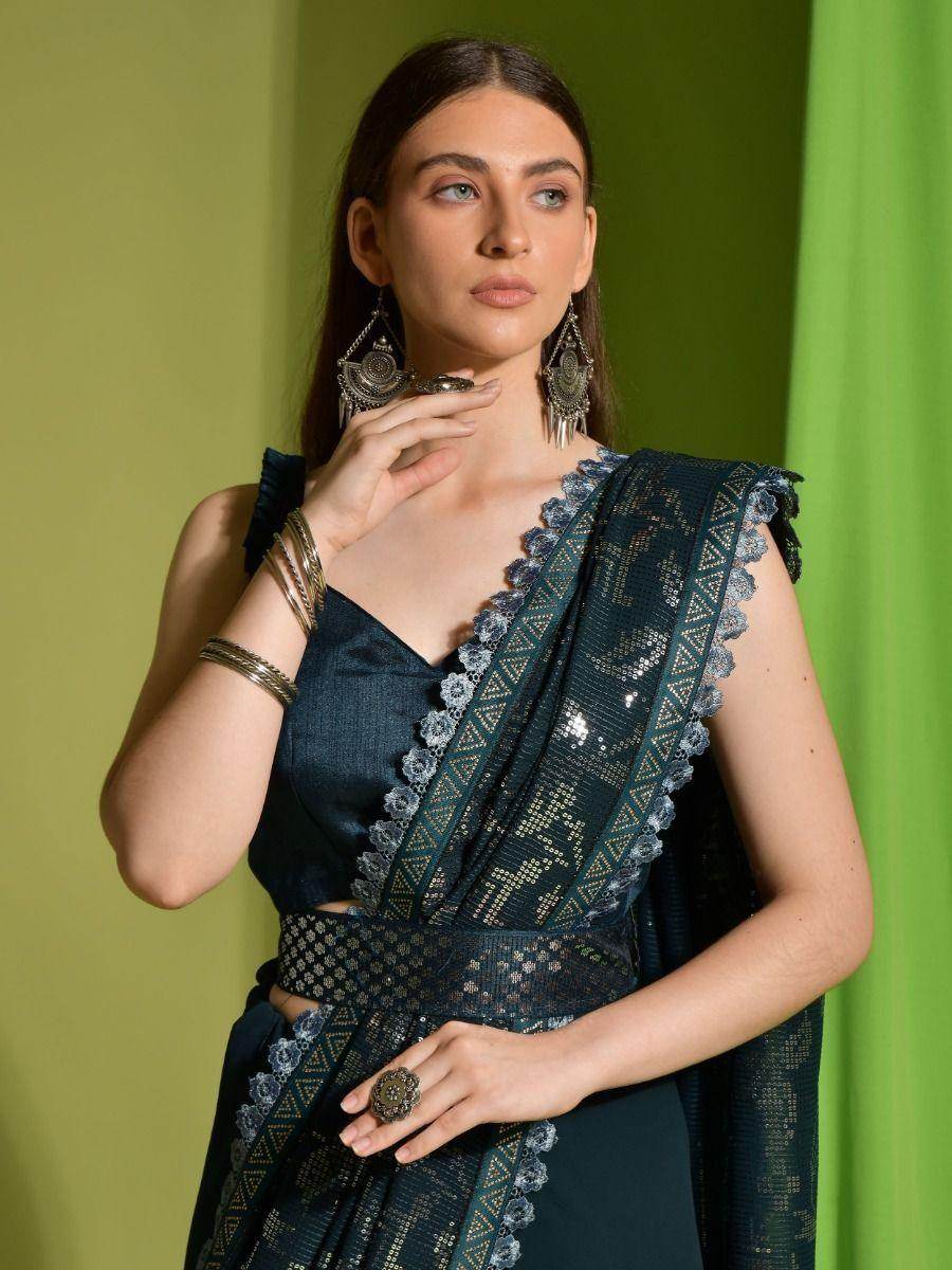 Alluring Dark Green Sequins Georgette Party Wear Saree With Blouse - Zeel Clothing