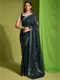 Alluring Dark Green Sequins Georgette Party Wear Saree With Blouse - Zeel Clothing