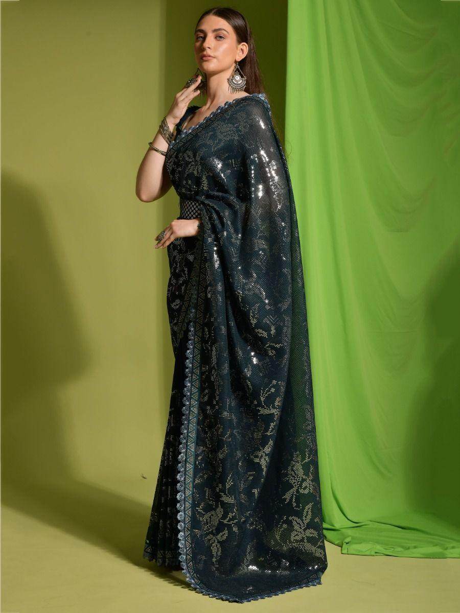 Alluring Dark Green Sequins Georgette Party Wear Saree With Blouse - Zeel Clothing
