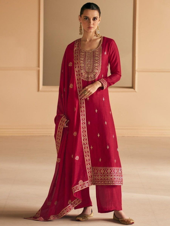 Alluring Dark Red Embroidered Silk Party Wear Suit Pant With Dupatta