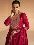 Alluring Dark Red Embroidered Silk Party Wear Suit Pant With Dupatta - Zeel Clothing