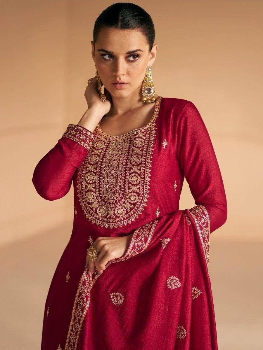 Alluring Dark Red Embroidered Silk Party Wear Suit Pant With Dupatta - Zeel Clothing