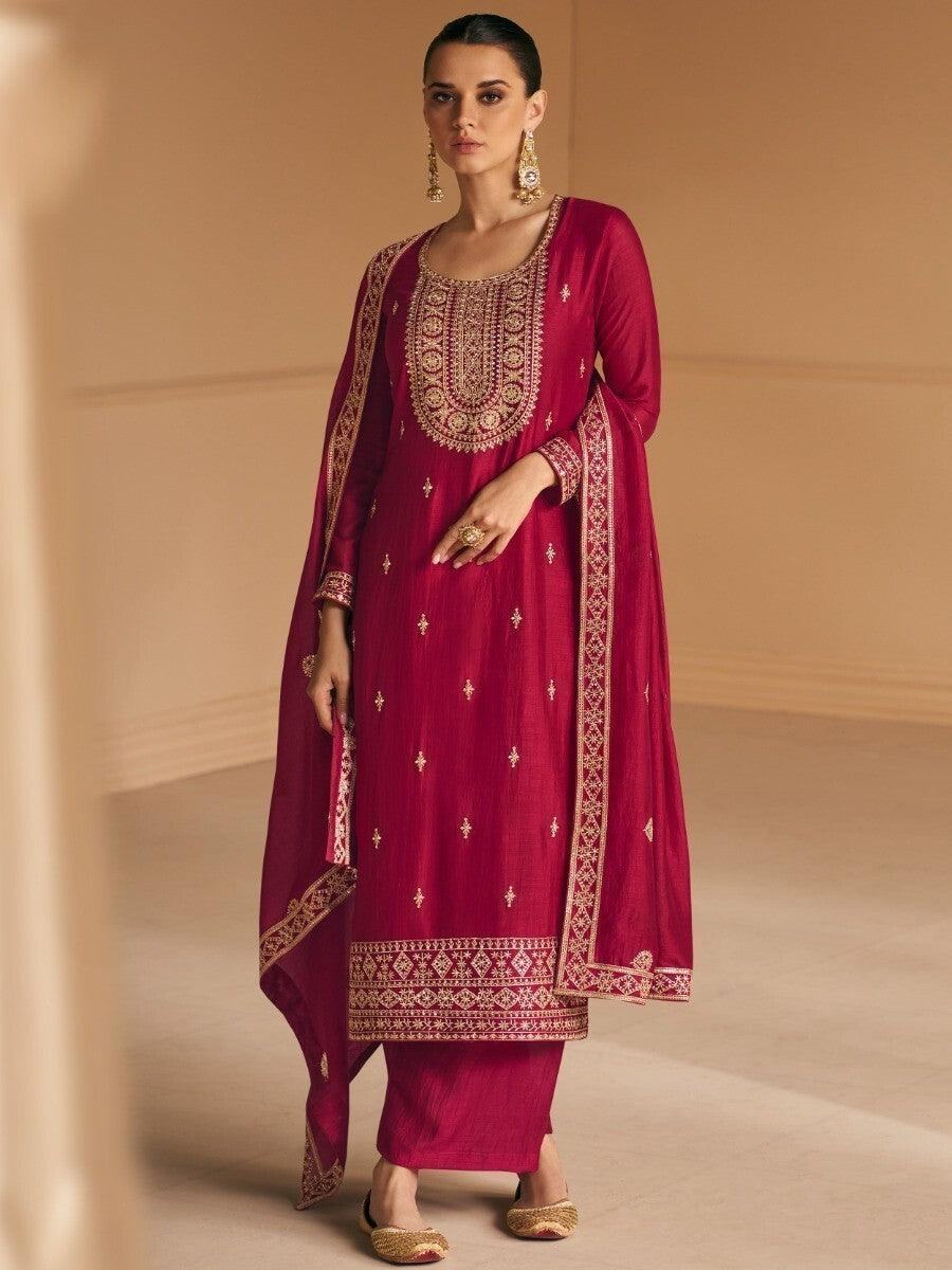 Alluring Dark Red Embroidered Silk Party Wear Suit Pant With Dupatta