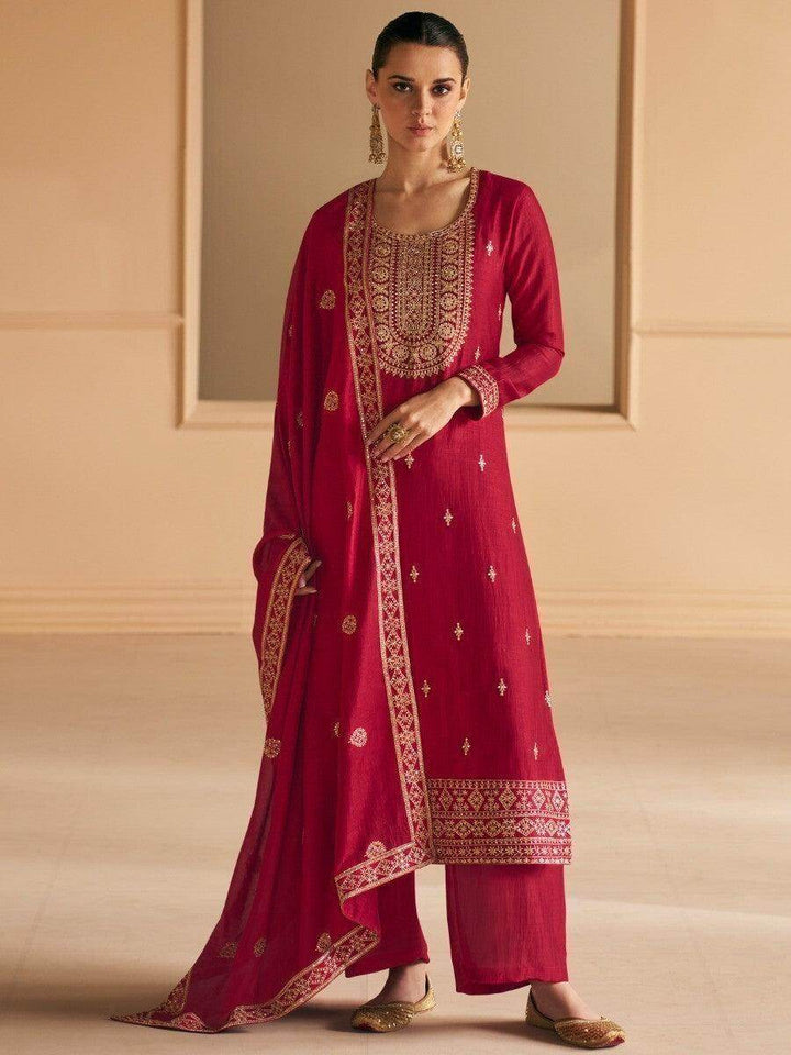 Alluring Dark Red Embroidered Silk Party Wear Suit Pant With Dupatta - Zeel Clothing
