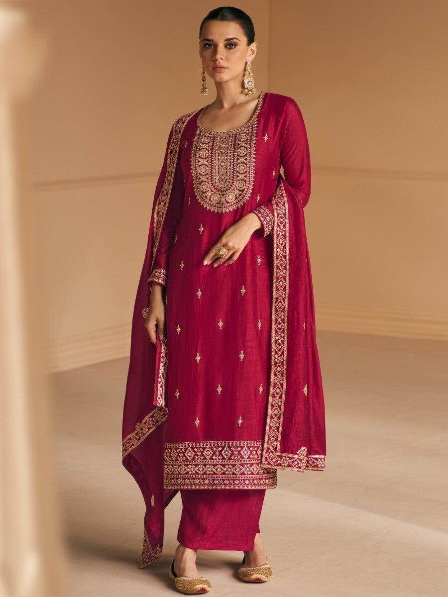 Alluring Dark Red Embroidered Silk Party Wear Suit Pant With Dupatta - Zeel Clothing