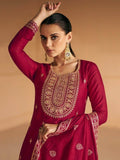 Alluring Dark Red Embroidered Silk Party Wear Suit Pant With Dupatta - Zeel Clothing