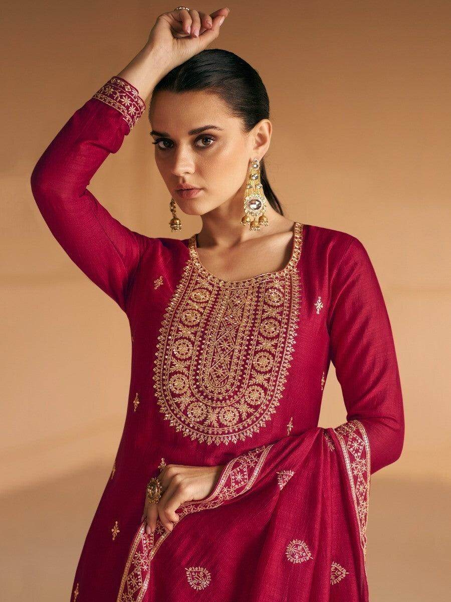 Alluring Dark Red Embroidered Silk Party Wear Suit Pant With Dupatta - Zeel Clothing