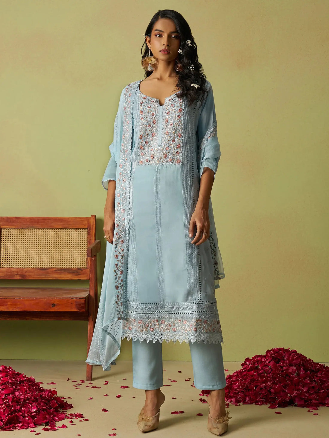 Alluring Dusty Blue Zardosi Work Organza Festive Wear Pant Suit - Zeel Clothing