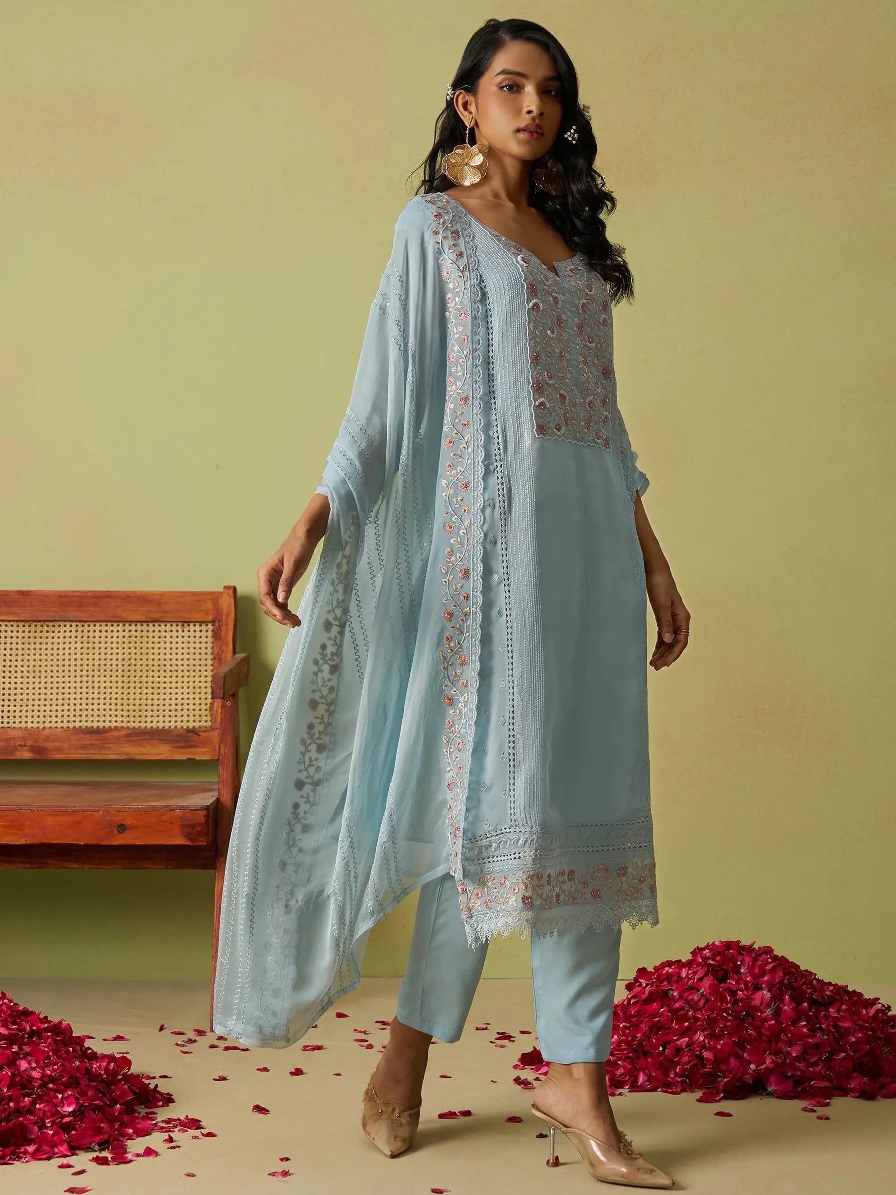 Alluring Dusty Blue Zardosi Work Organza Festive Wear Pant Suit - Zeel Clothing