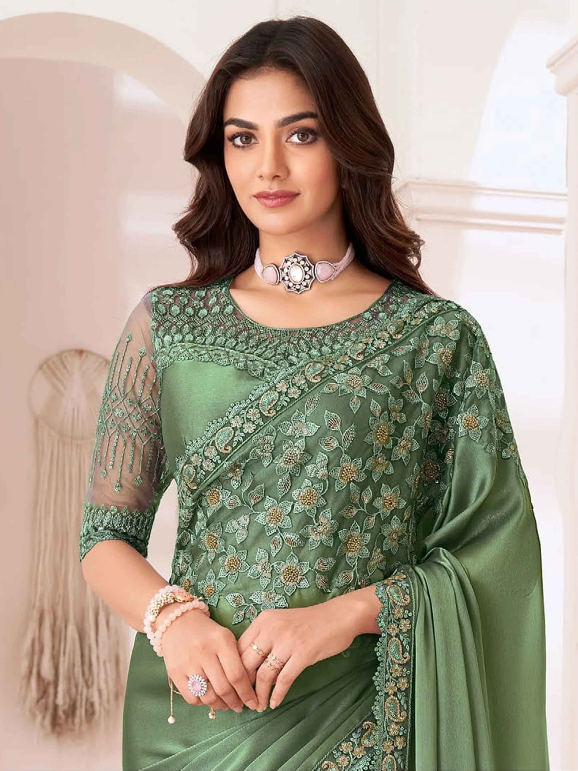 Alluring Dusty Green Heavy Border Work Georgette Event Wear Saree - Zeel Clothing