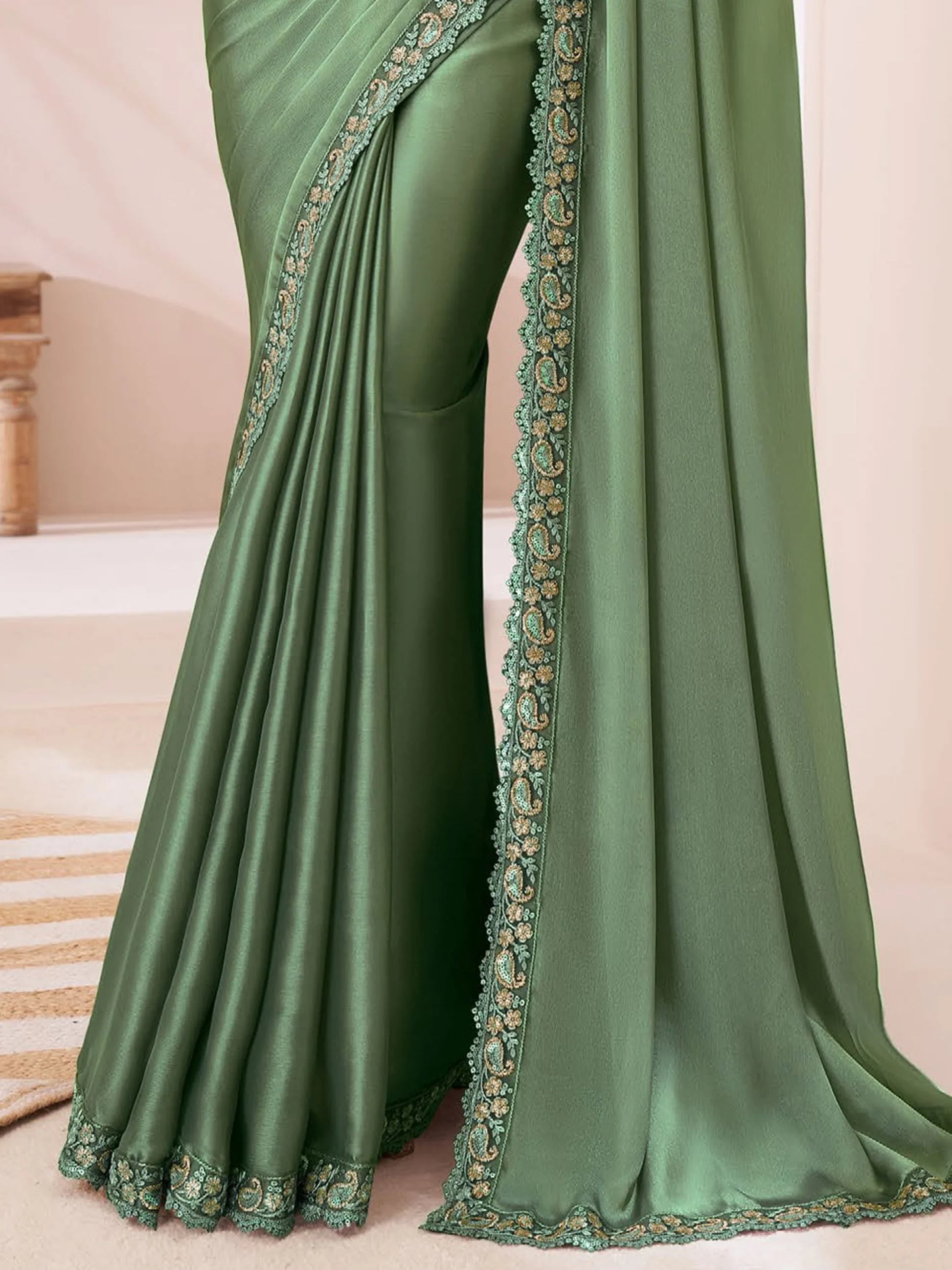 Alluring Dusty Green Heavy Border Work Georgette Event Wear Saree - Zeel Clothing