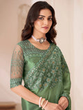 Alluring Dusty Green Heavy Border Work Georgette Event Wear Saree - Zeel Clothing