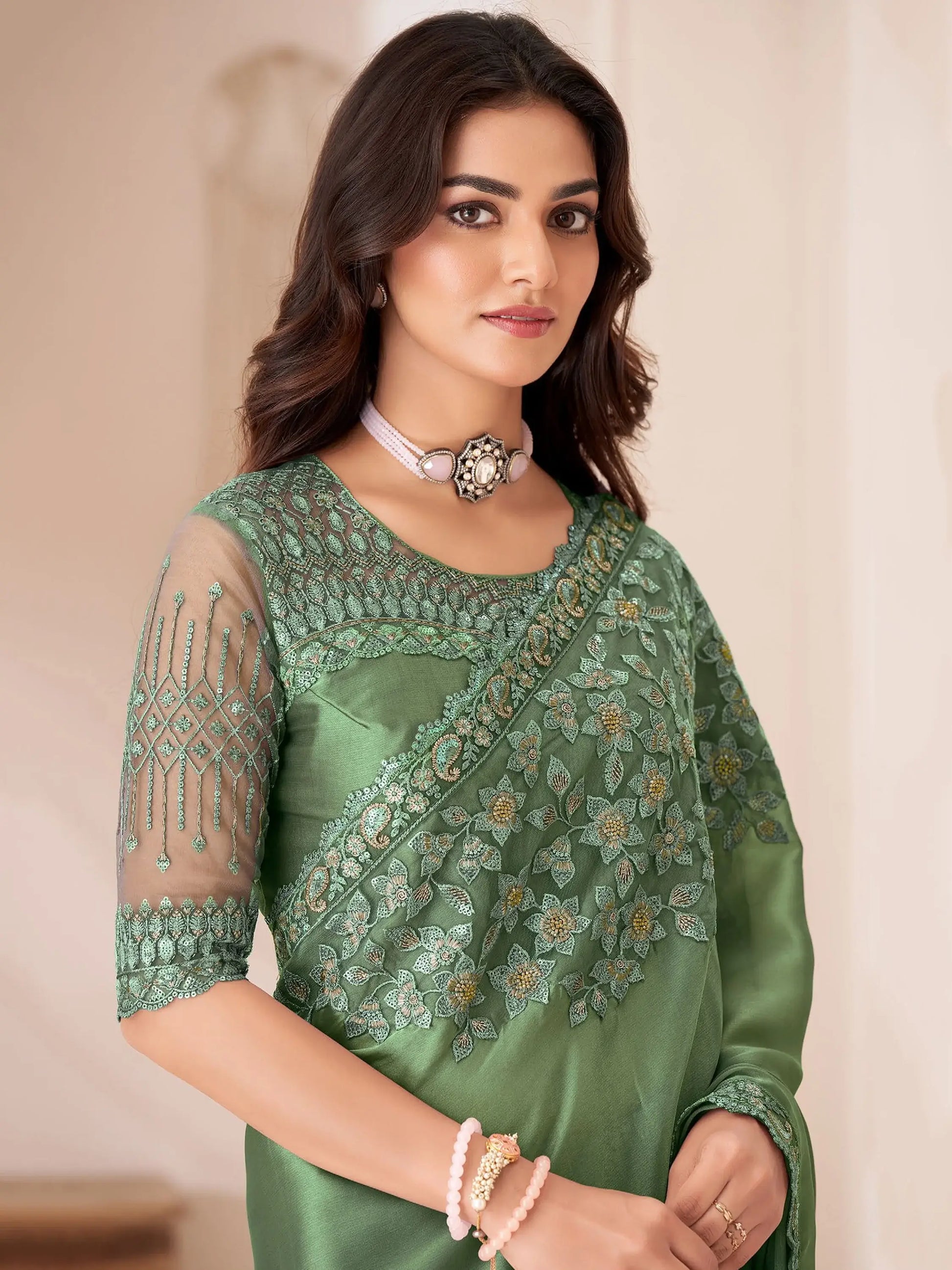 Alluring Dusty Green Heavy Border Work Georgette Event Wear Saree - Zeel Clothing