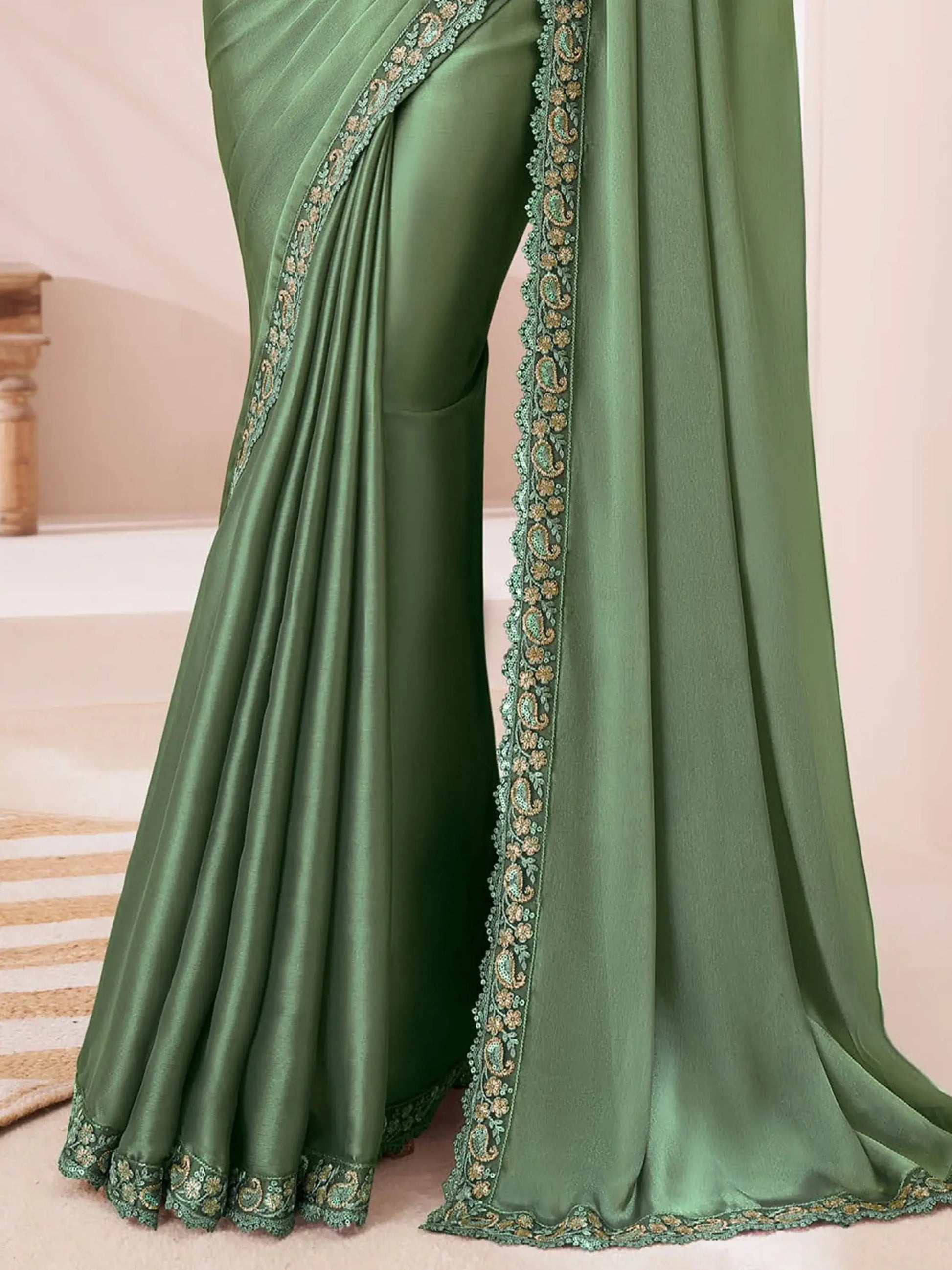 Alluring Dusty Green Heavy Border Work Georgette Event Wear Saree - Zeel Clothing