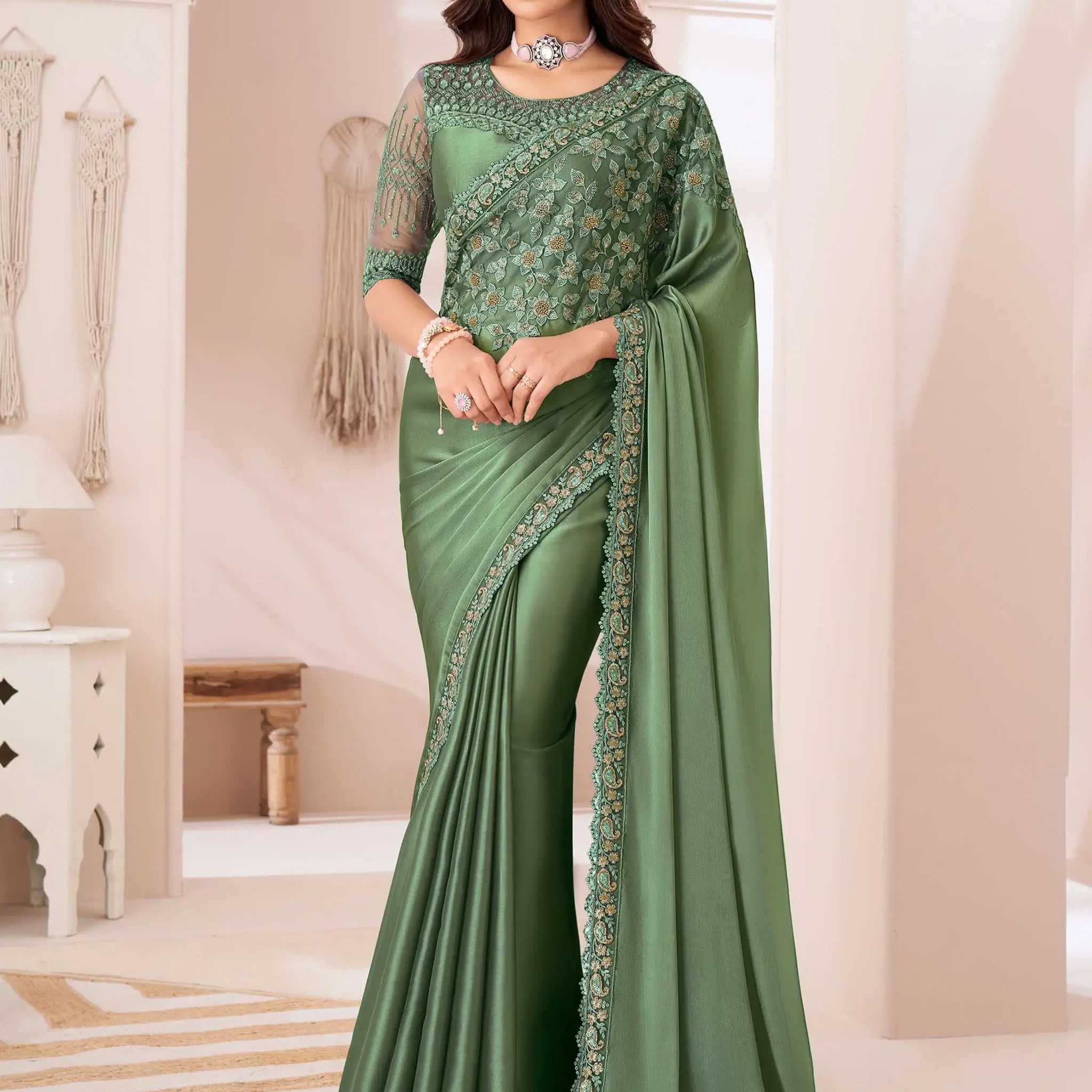 Alluring Dusty Green Heavy Border Work Georgette Event Wear Saree - Zeel Clothing