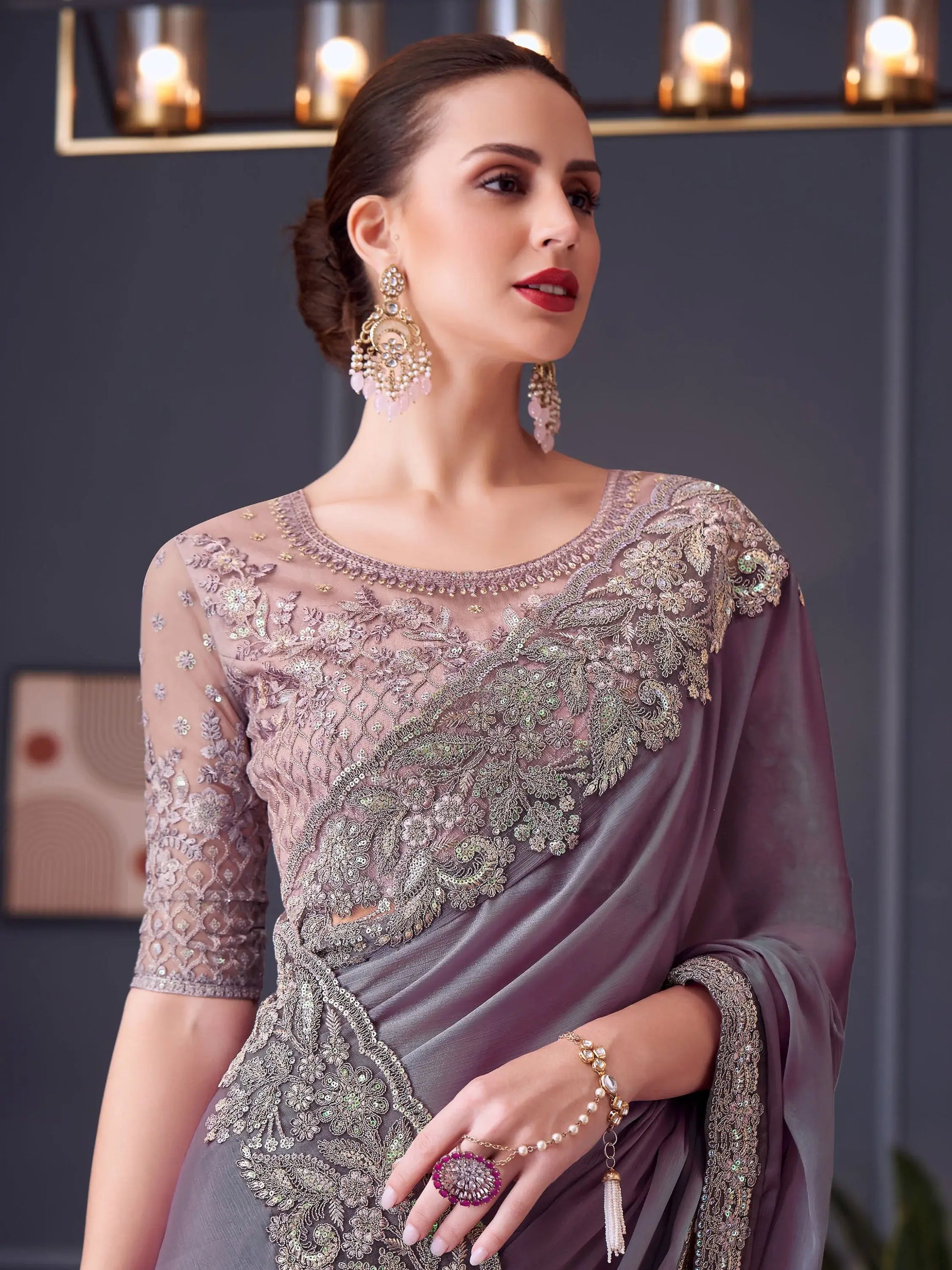 Alluring Dusty Purple Embroidered Chiffon Event Wear Saree With Blouse - Zeel Clothing