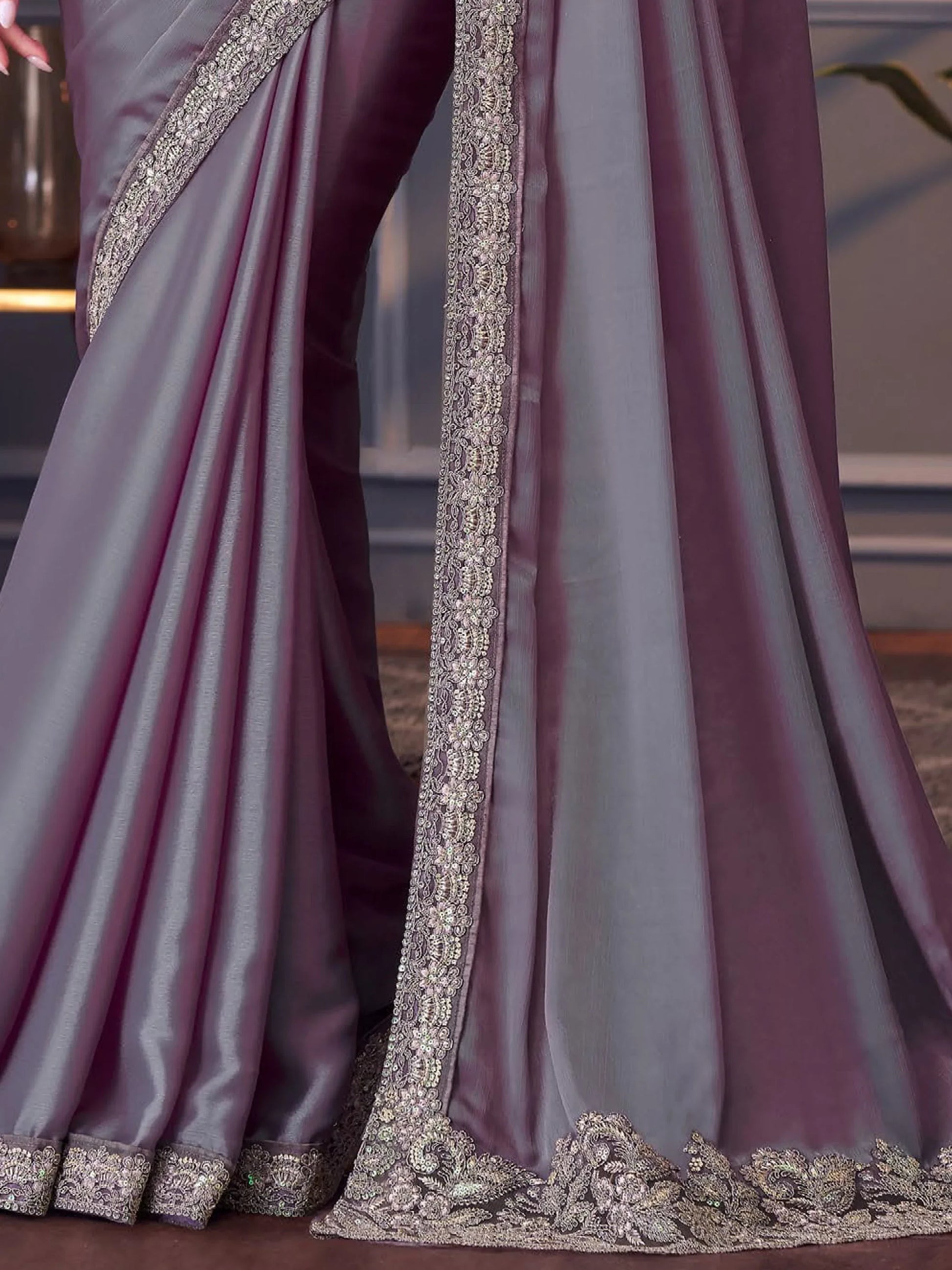 Alluring Dusty Purple Embroidered Chiffon Event Wear Saree With Blouse - Zeel Clothing