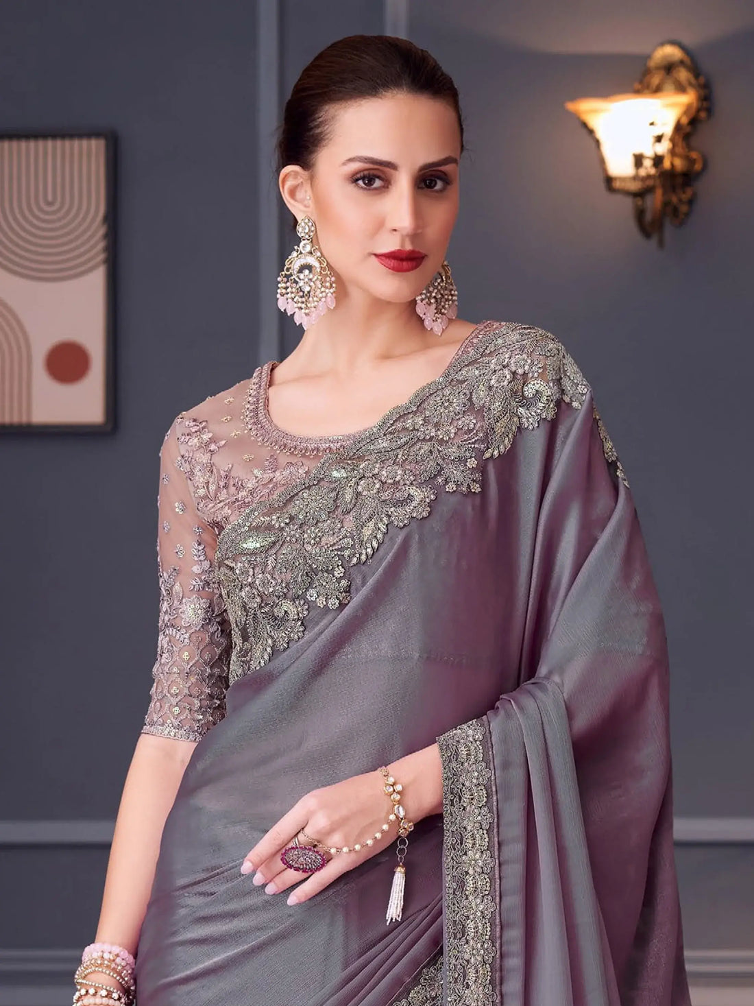 Alluring Dusty Purple Embroidered Chiffon Event Wear Saree With Blouse - Zeel Clothing