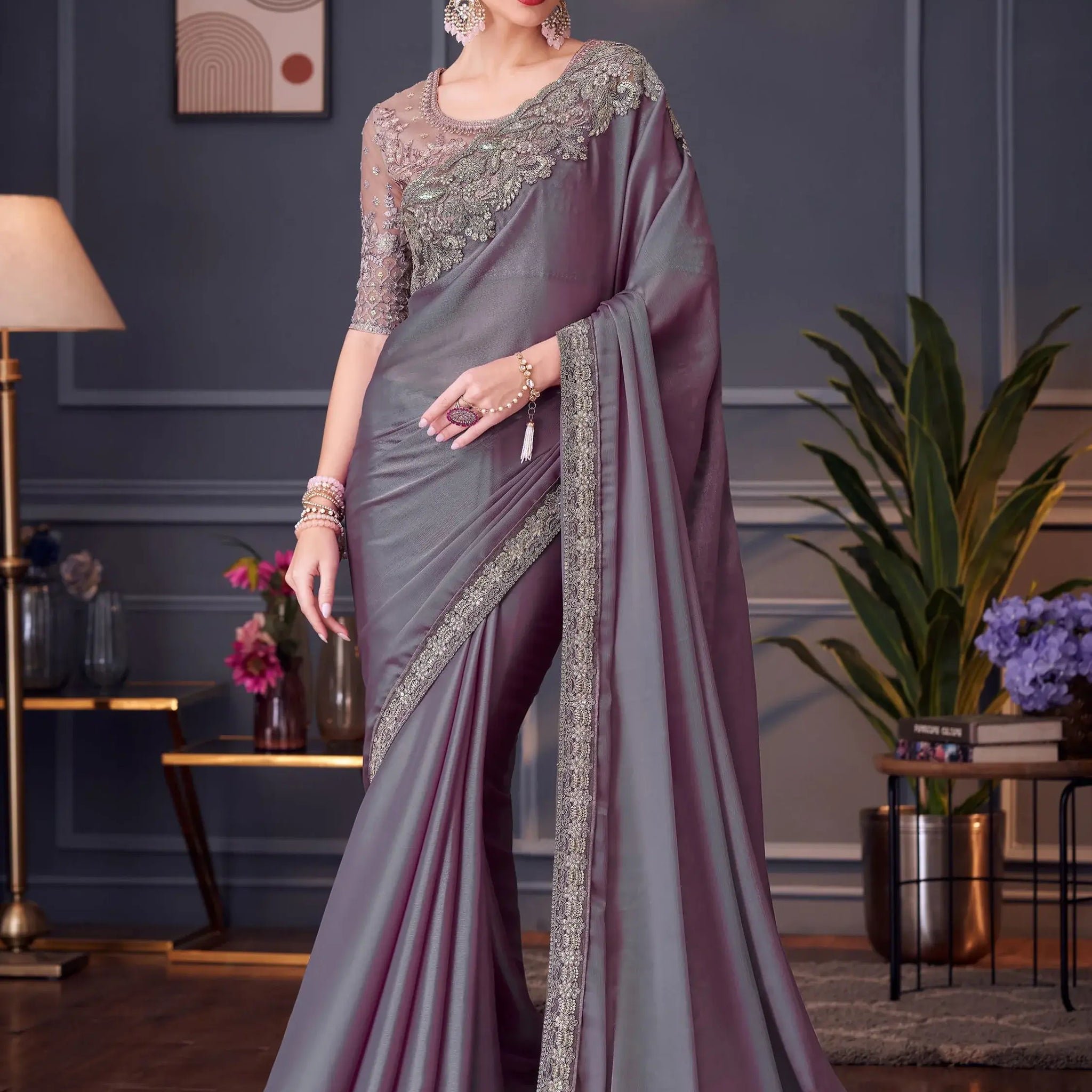 Alluring Dusty Purple Embroidered Chiffon Event Wear Saree With Blouse - Zeel Clothing