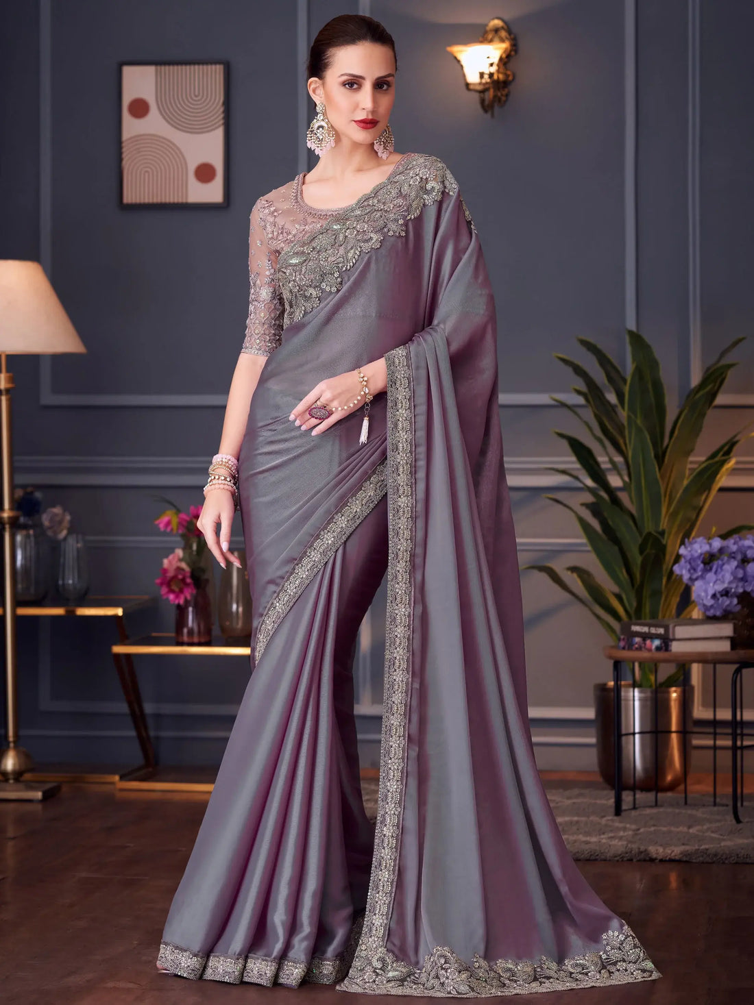 Alluring Dusty Purple Embroidered Chiffon Event Wear Saree With Blouse - Zeel Clothing