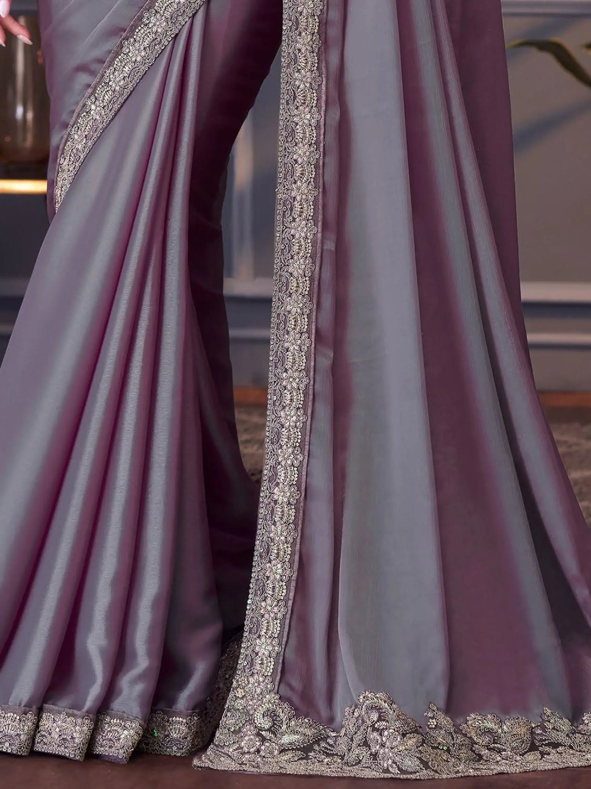 Alluring Dusty Purple Embroidered Chiffon Event Wear Saree With Blouse - Zeel Clothing