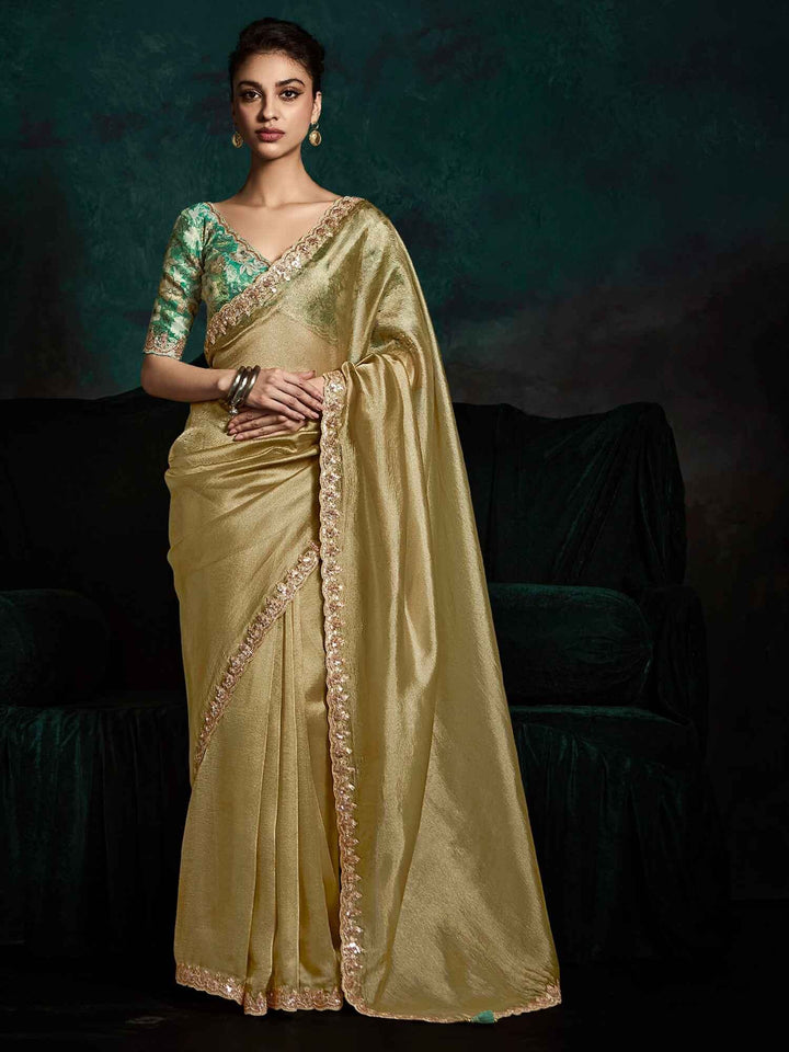 Alluring Golden Tissue Silk Saree With Printed Blouse - Zeel Clothing